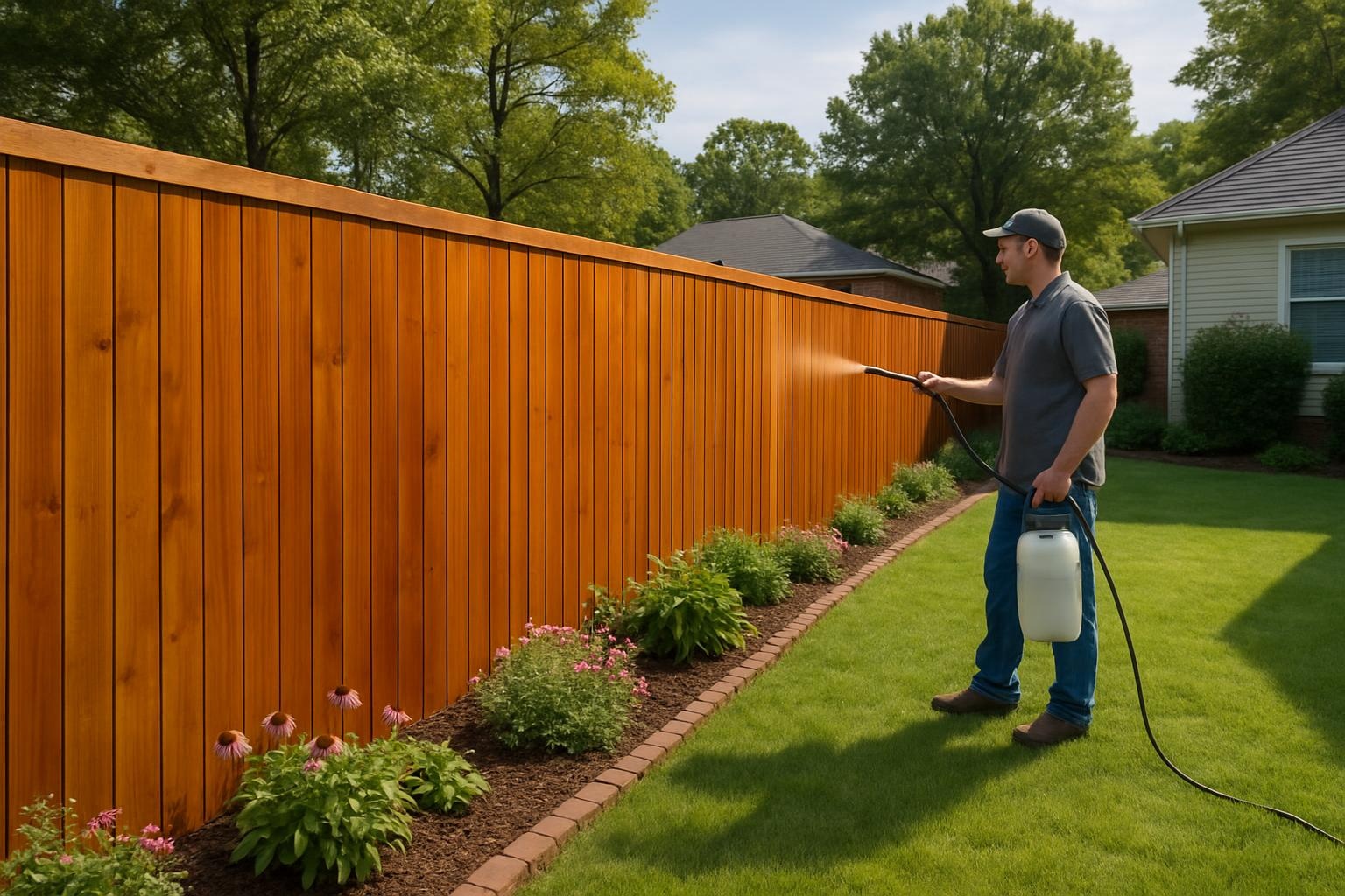 Freshly stained wood fence installation in North Little Rock AR backyard