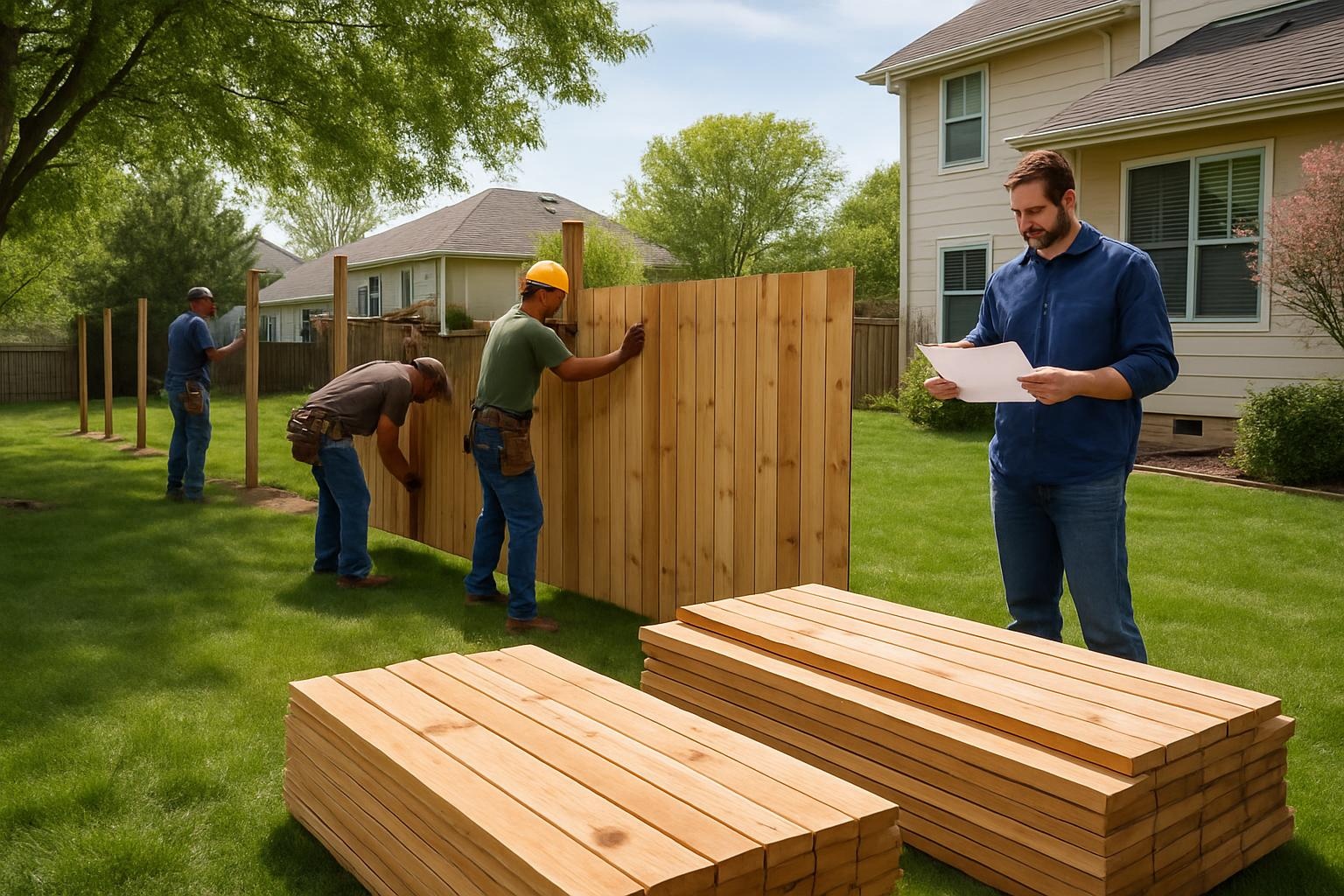 Crew completing residential fence installation in Olathe KS backyard