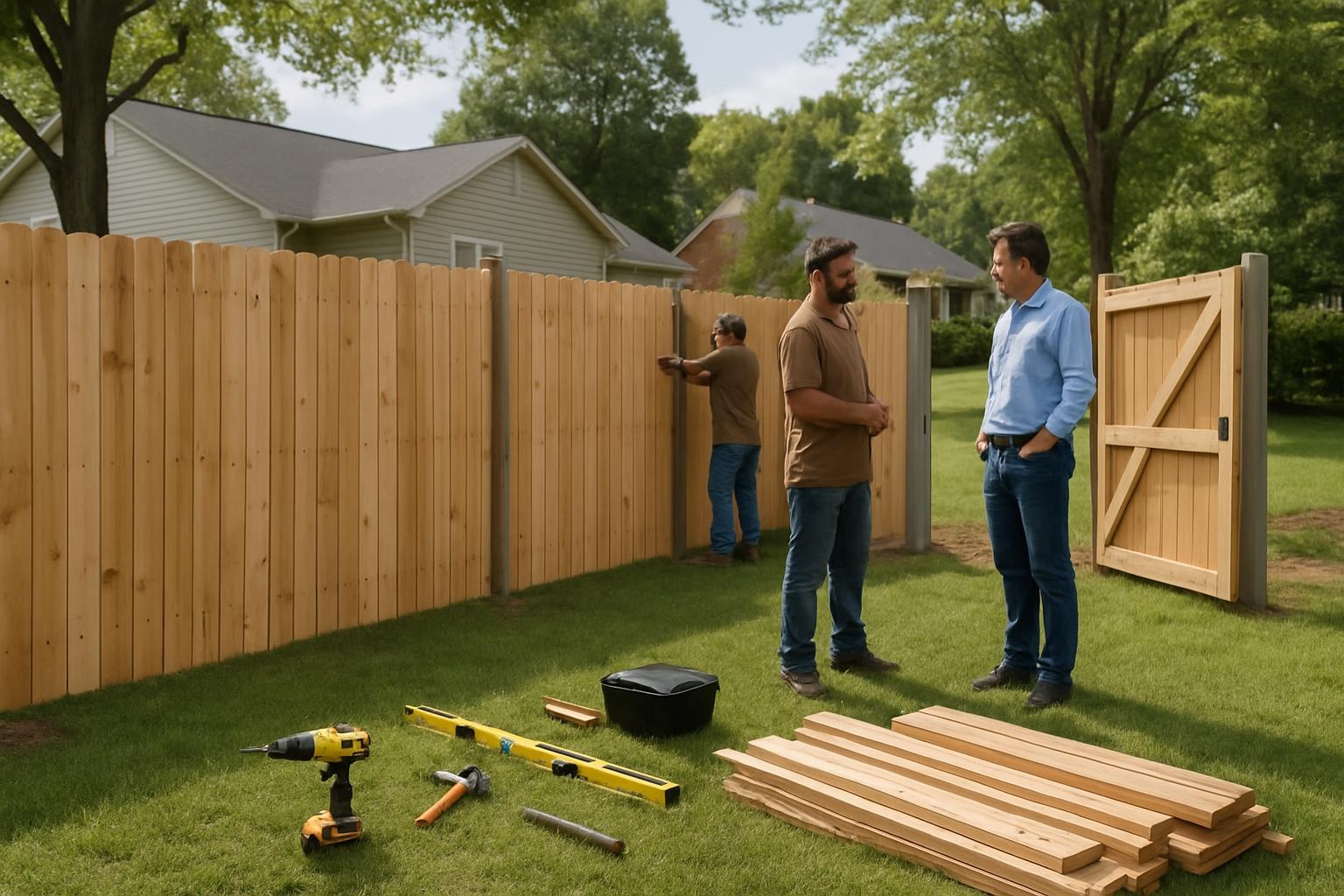Crew completing backyard fence installation in Rock Hill SC