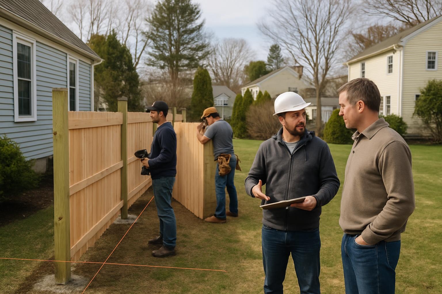 Crew completing residential fence installation in Shrewsbury MA backyard