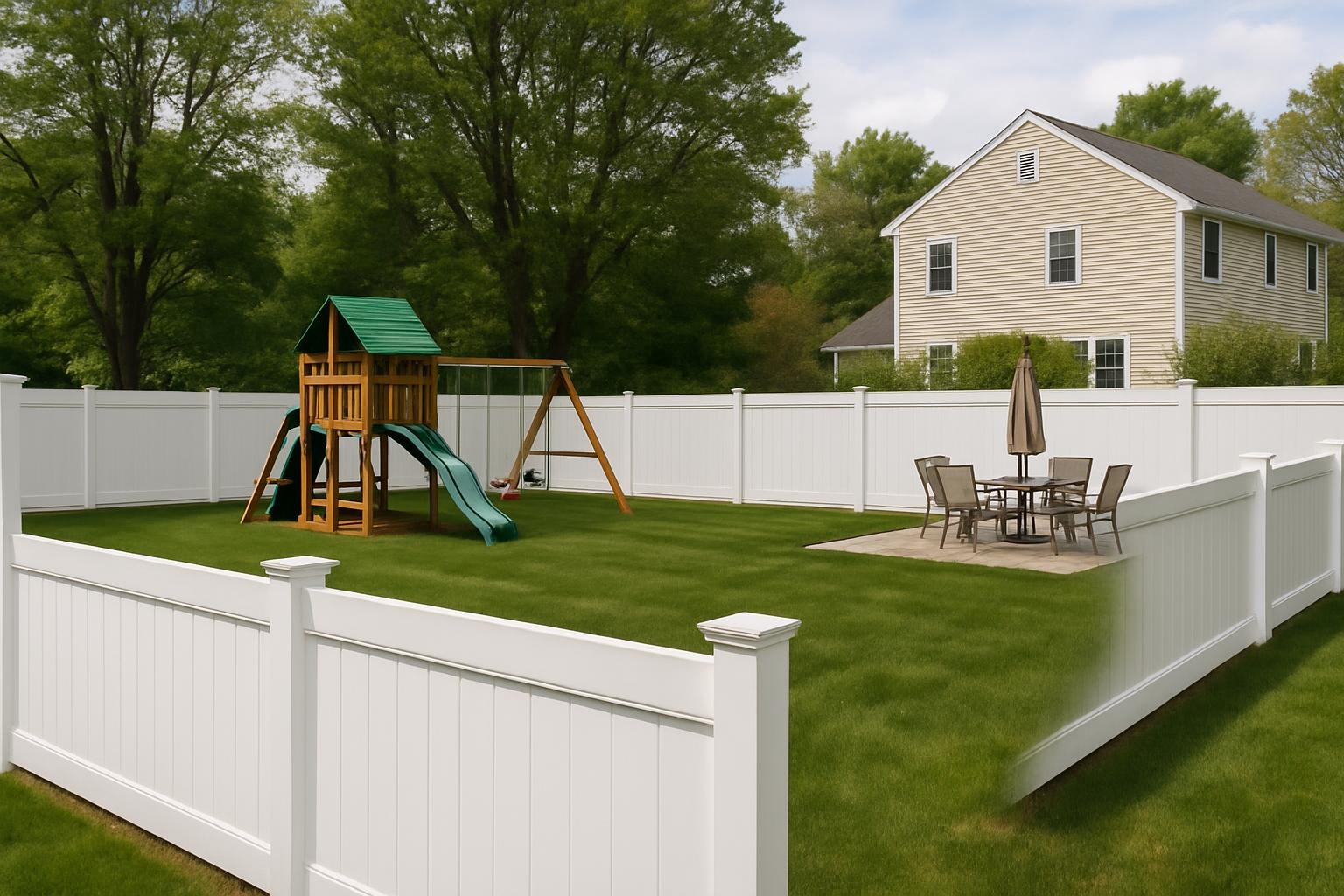 New vinyl fence installation in a Shrewsbury MA backyard by Legendary Fence Company Shrewsbury