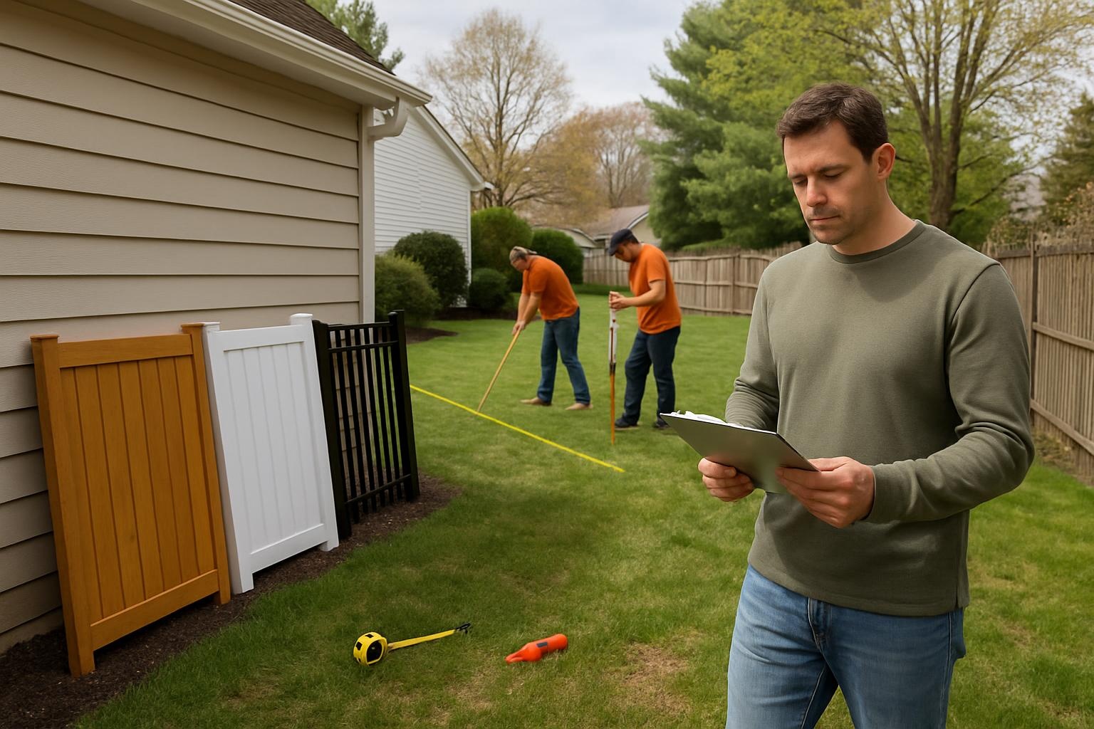 Residential fence installation in Strongsville showing different fence materials and a crew estimating project costs
