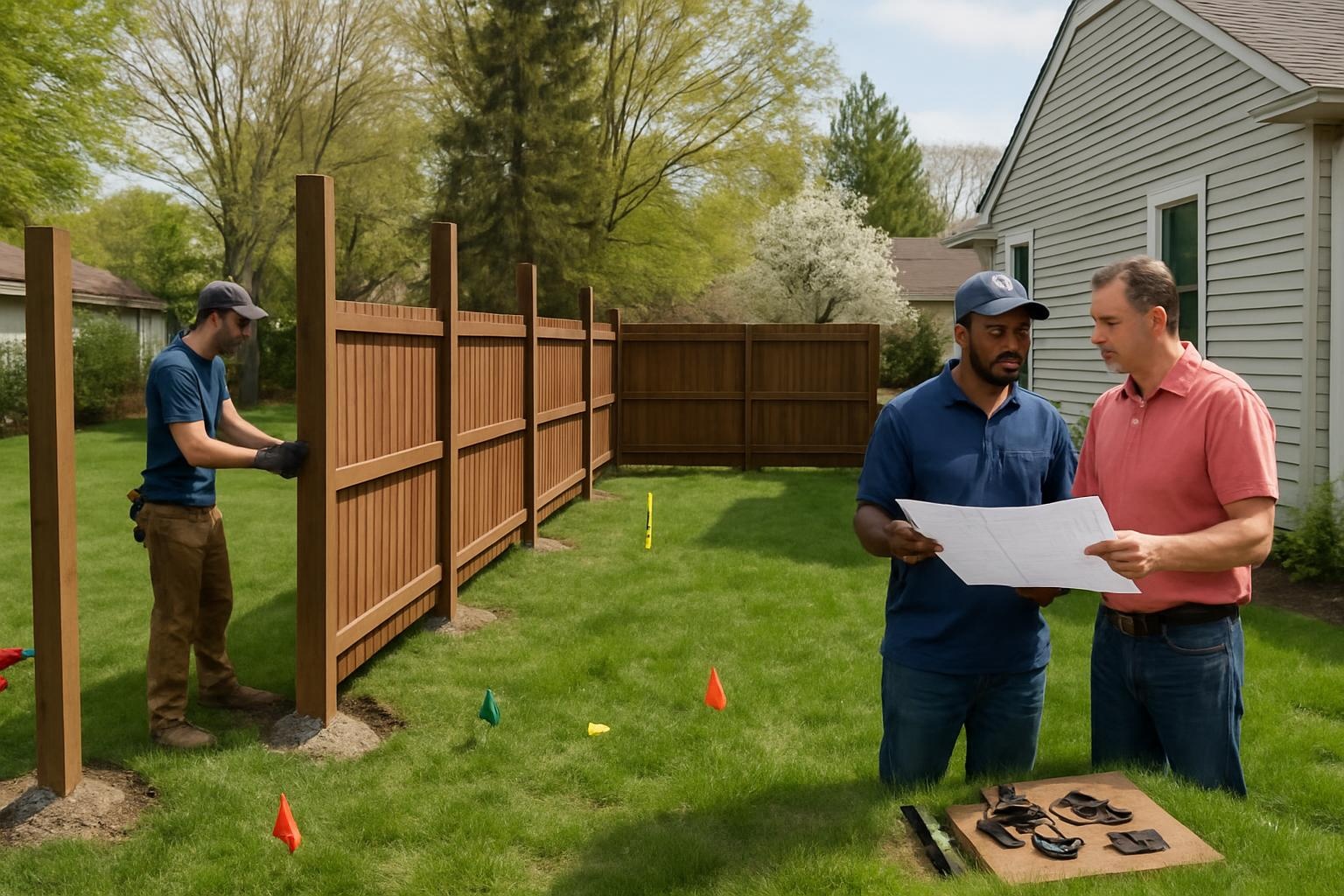 Crew performing residential fence installation in Strongsville with posts and panels being installed in a backyard