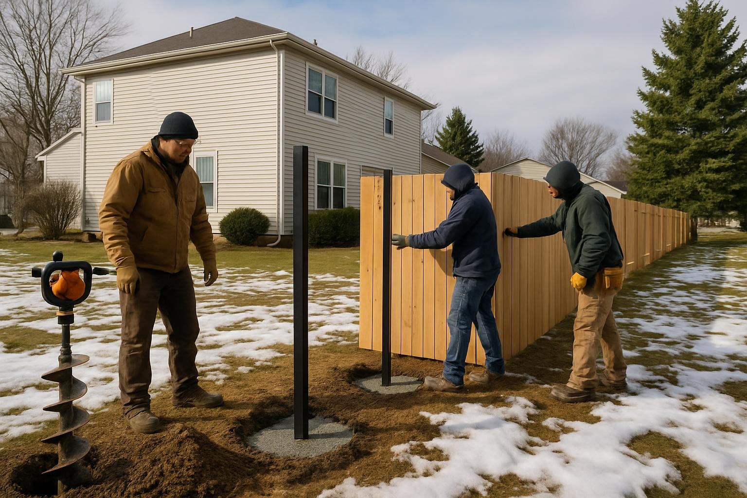 Crew performing winter fence installation in Strongsville with posts set in snow-covered yard