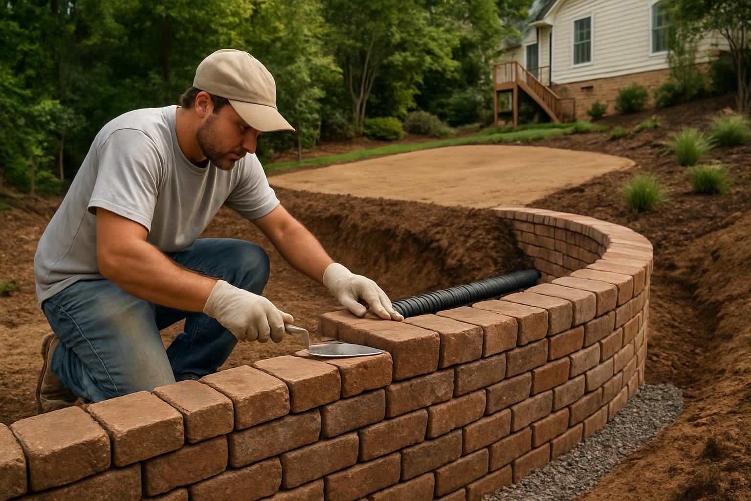 Brick retaining wall masonry project in Chattanooga yard on a sloped property