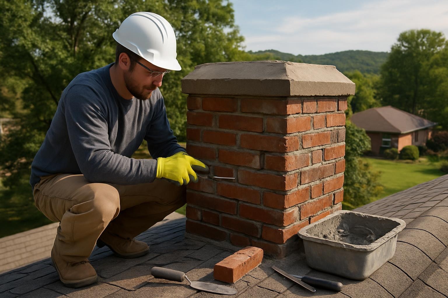 Mason performing chimney masonry repair on a brick chimney in Chattanooga