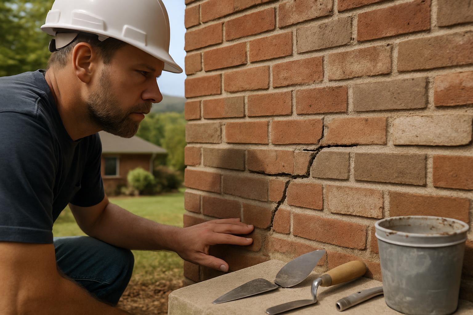 Masonry repair in Chattanooga brick wall showing cracks being inspected by a mason