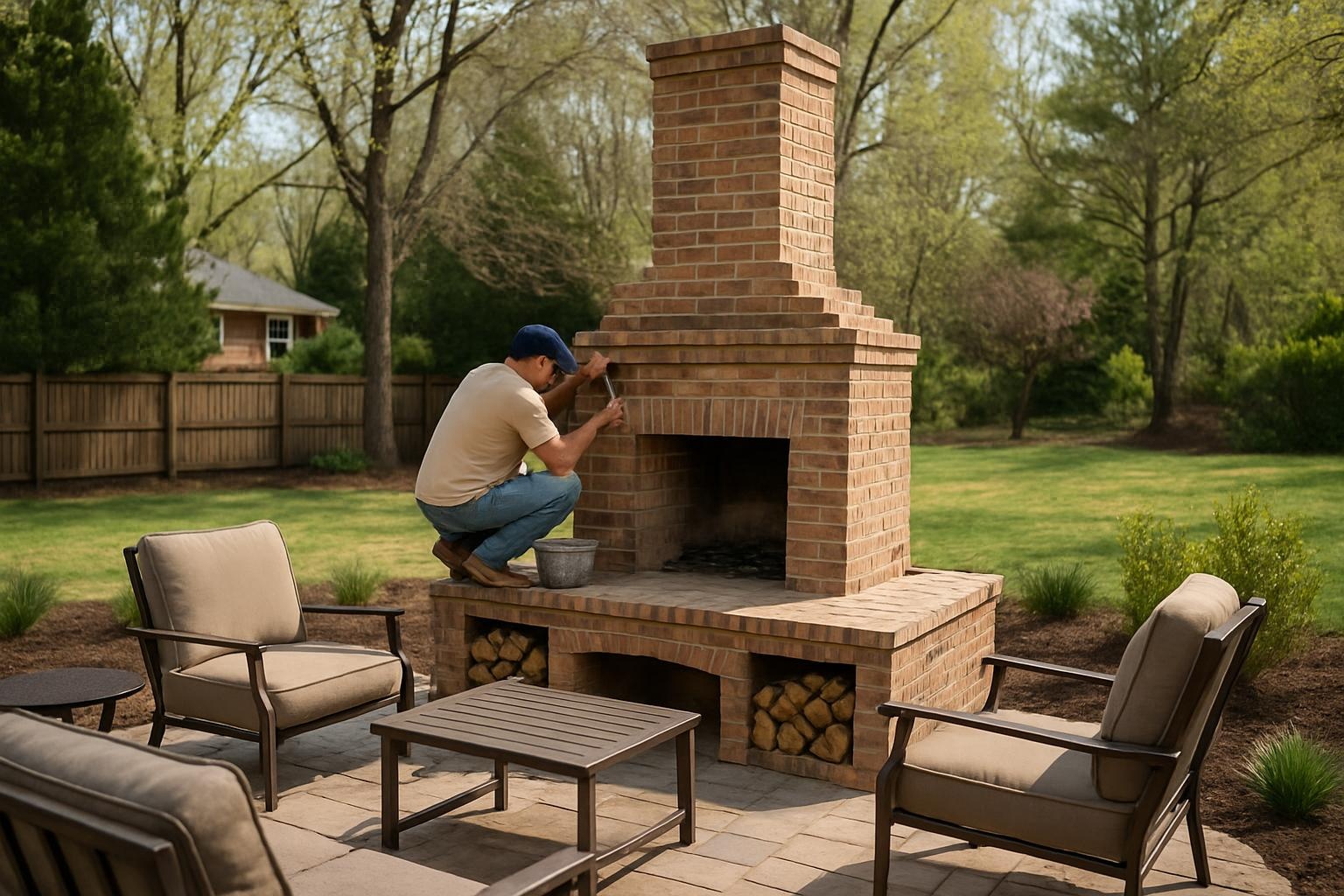 Outdoor brick fireplace masonry on a Chattanooga backyard patio