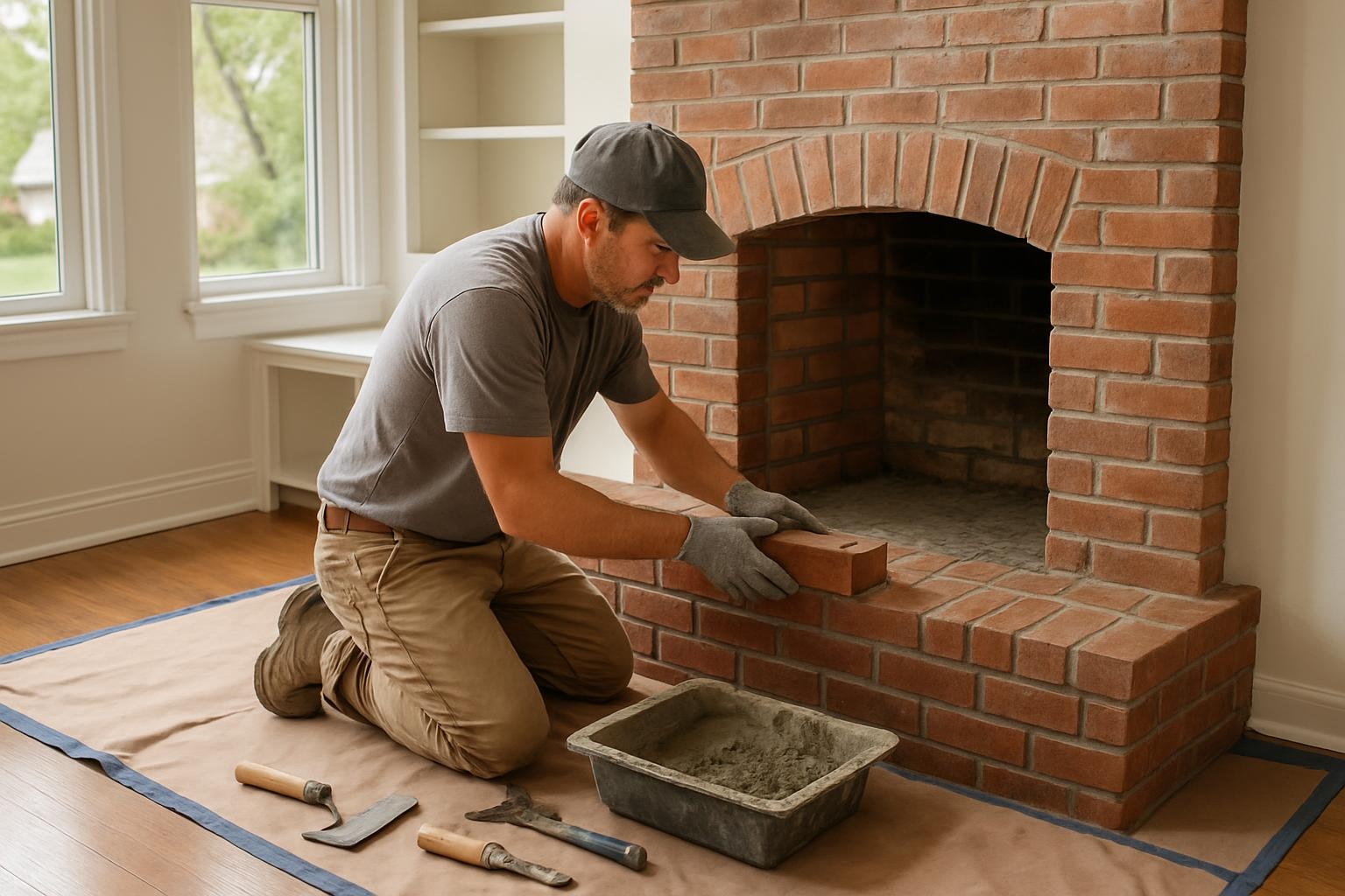 Mason building a brick fireplace surround in a Kansas City living room