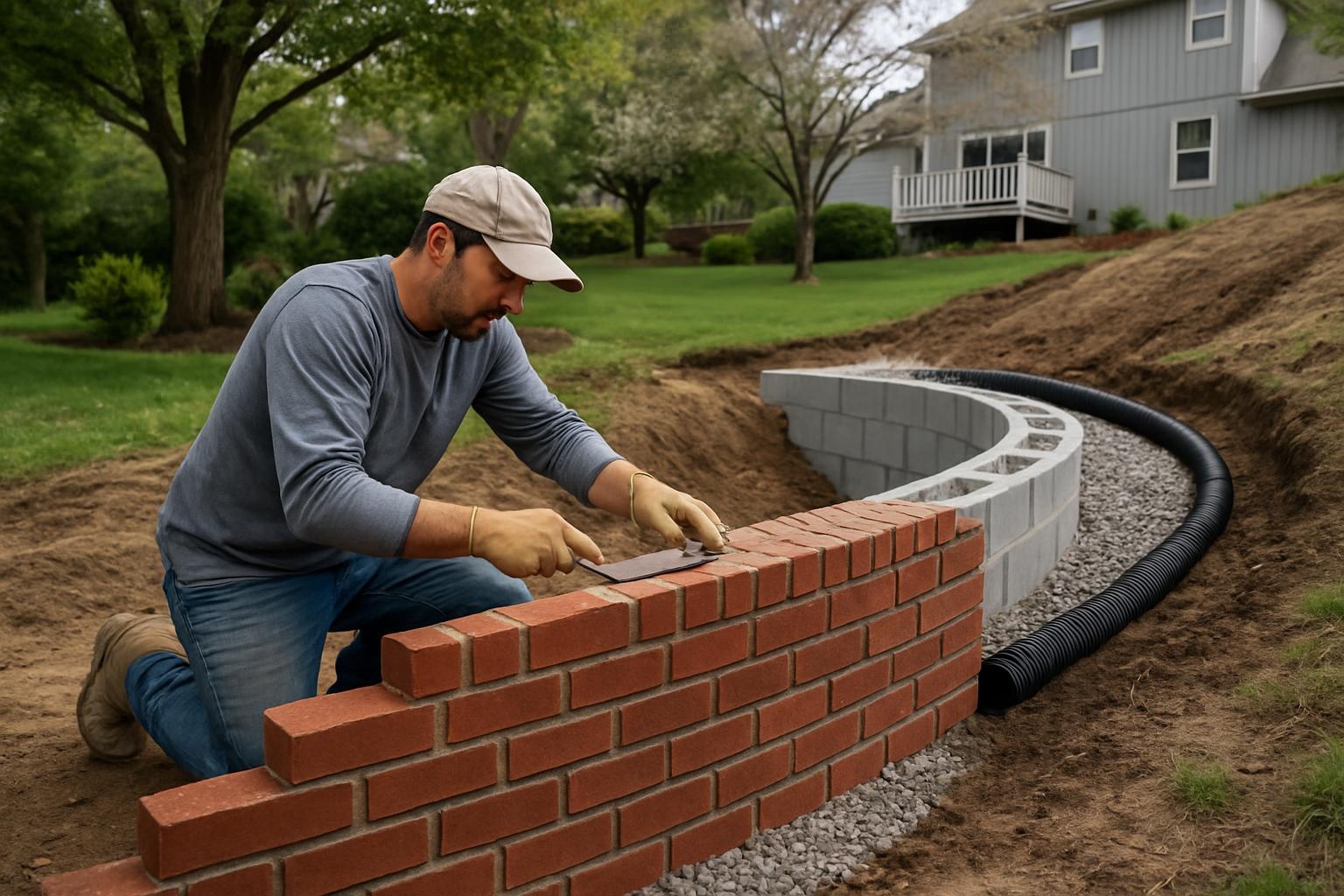 Brick retaining wall masonry project in Kansas City backyard