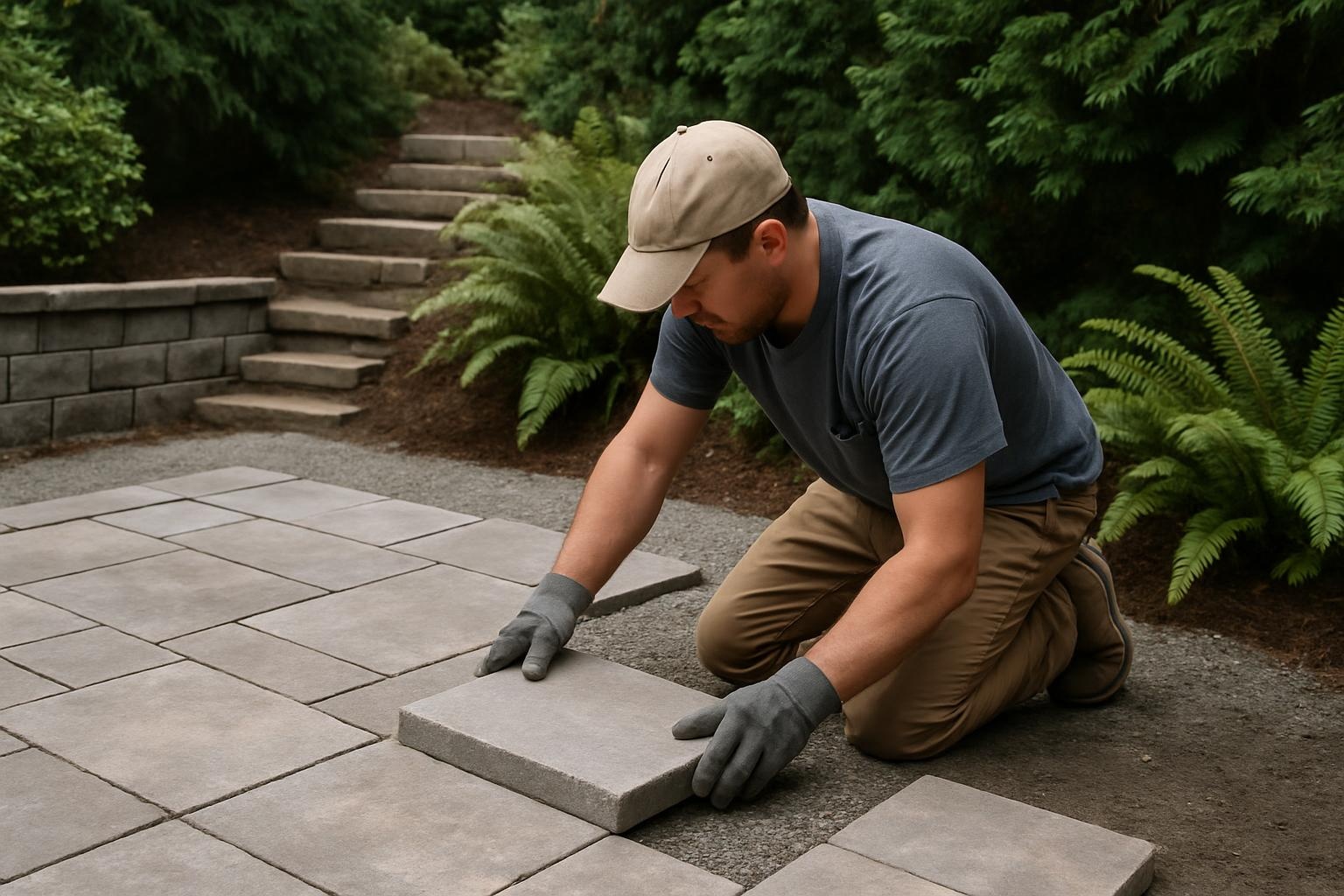 Stone masonry patio installation in a rainy Seattle backyard