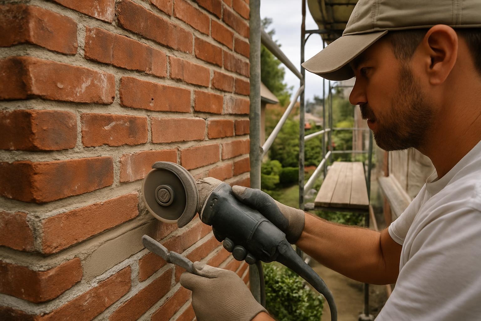 Mason performing tuckpointing masonry repair on a brick wall in Seattle