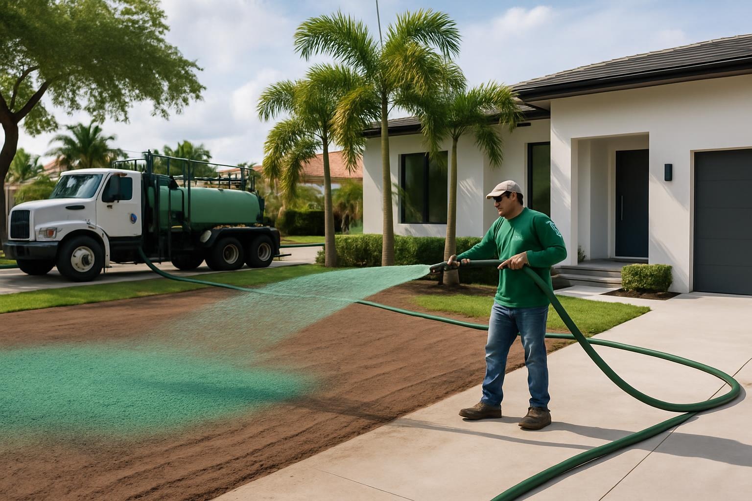Hydroseeding a new residential lawn in Miami with professional equipment for a lush green yard