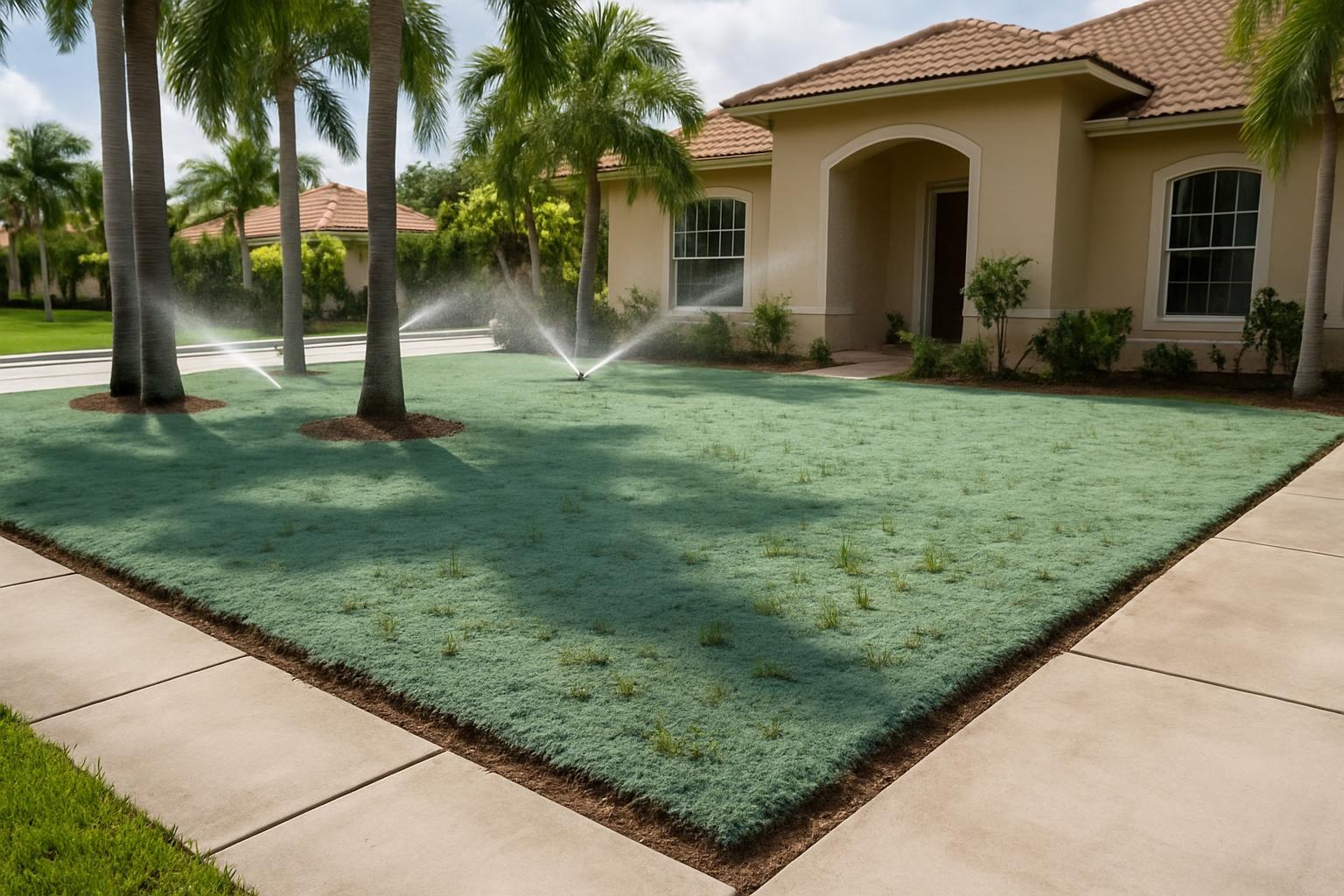 Freshly hydroseeded residential lawn in Miami with bright green grass starting to sprout