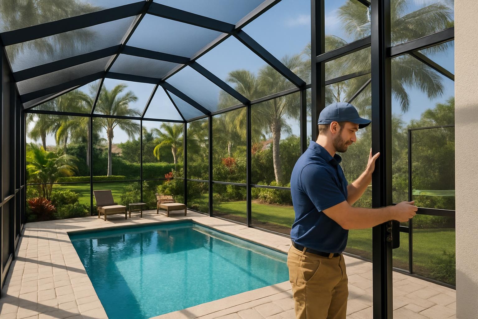 Pool screen installation at a coastal home in Naples, FL with sturdy framing and mesh