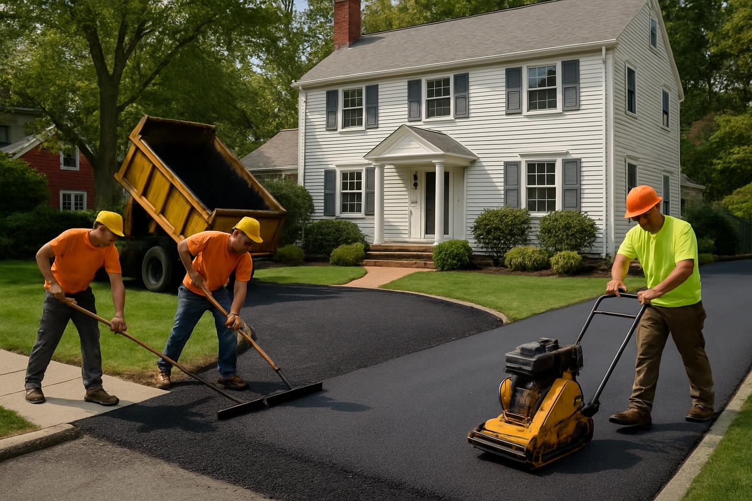 Crew performing asphalt paving on a residential driveway in Boston with fresh blacktop surface