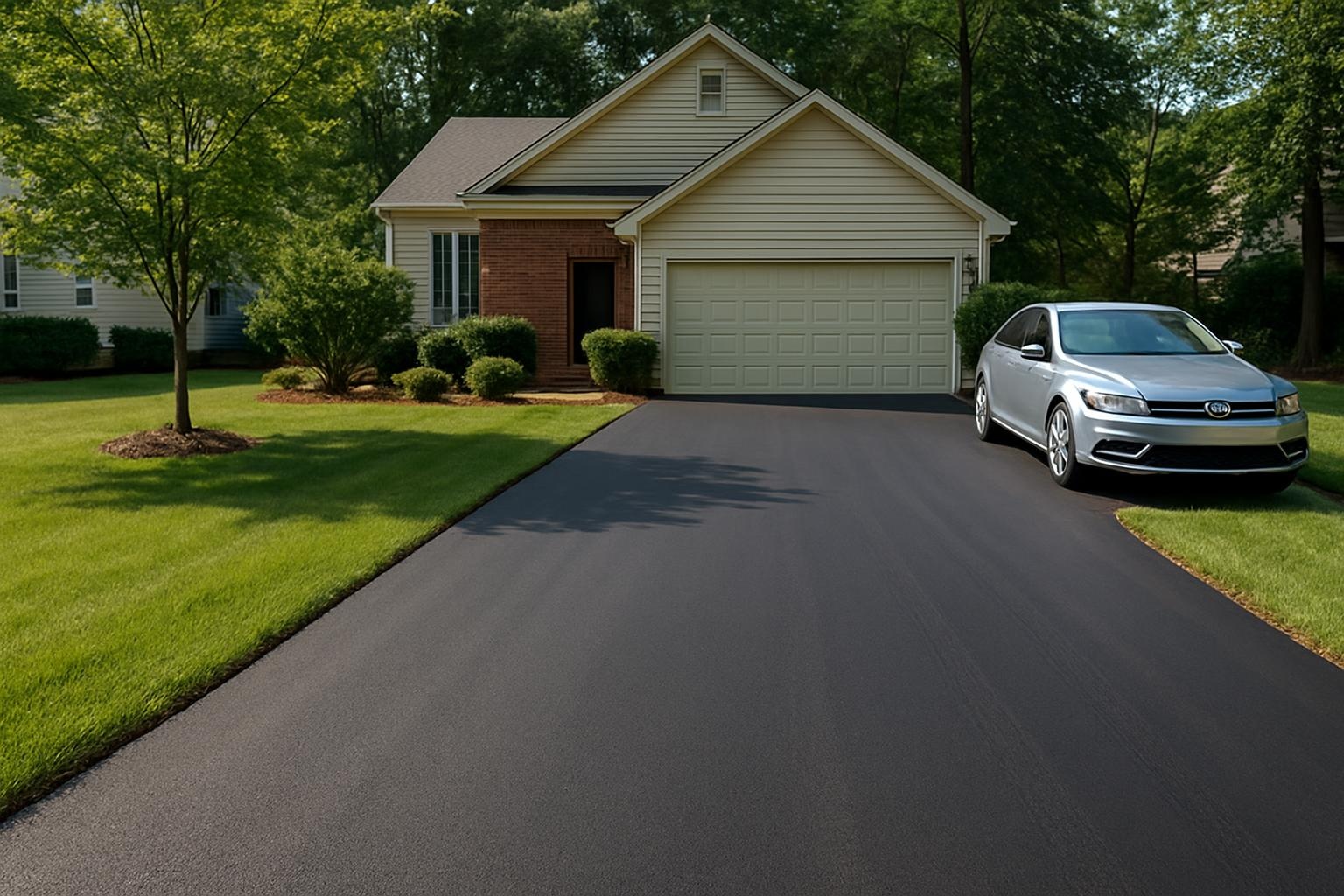 Freshly paved asphalt driveway in Durham with smooth blacktop and clean edges in front of a residential home