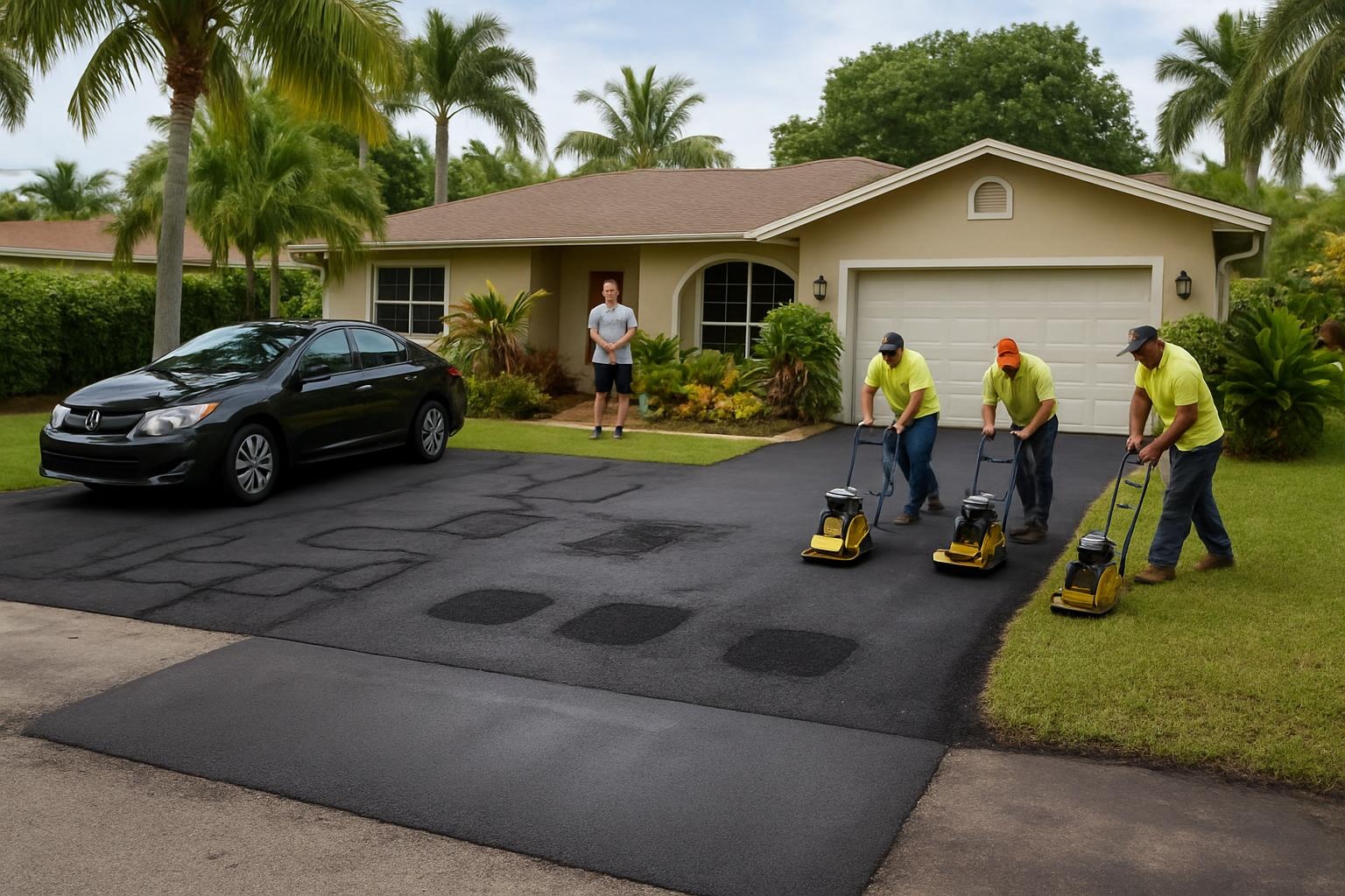 Asphalt driveway repair in Fort Lauderdale showing patched and resurfaced areas by Precision Asphalt Fort Lauderdale