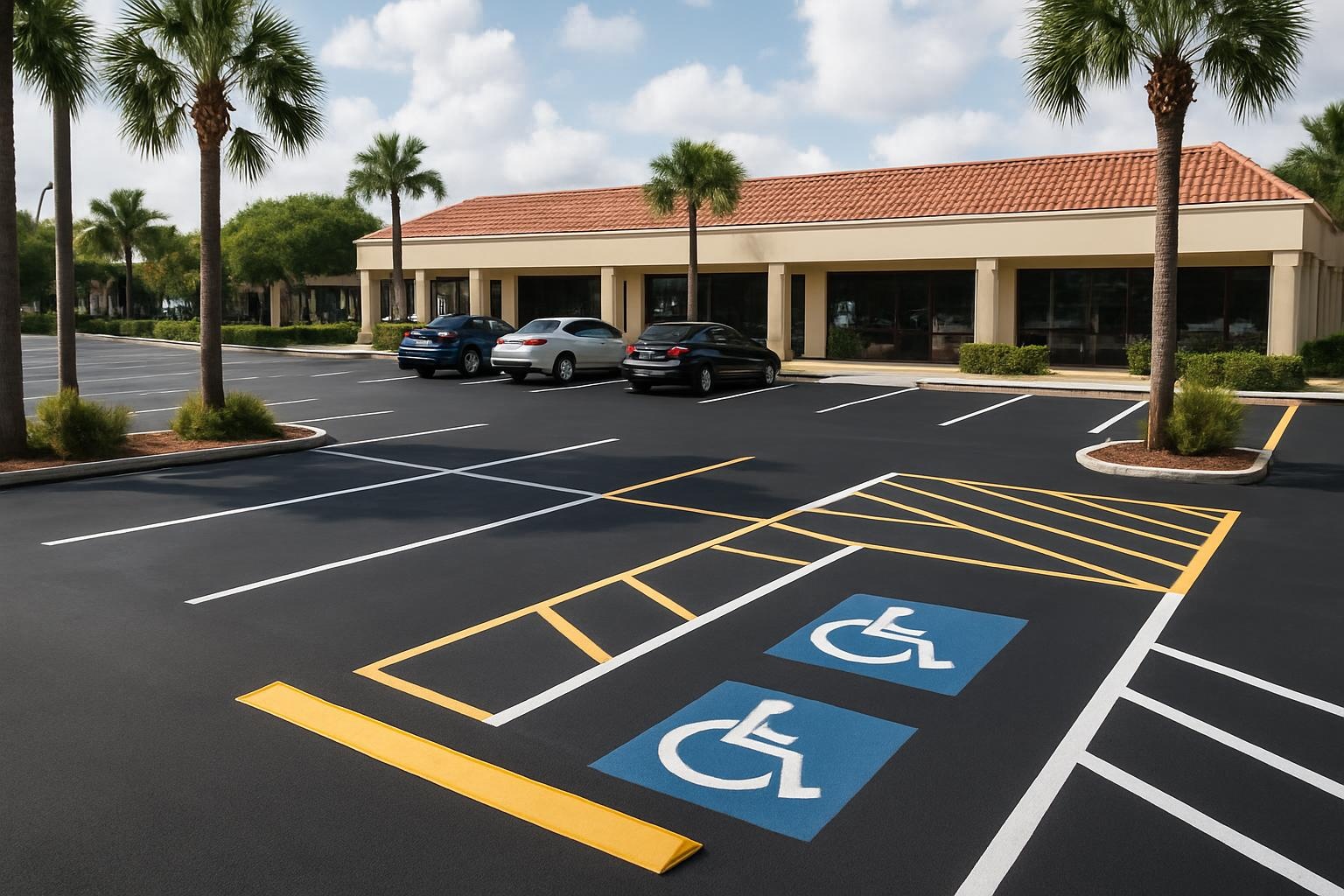 Freshly paved asphalt parking lot in Fort Lauderdale with clear striping by Precision Asphalt Fort Lauderdale