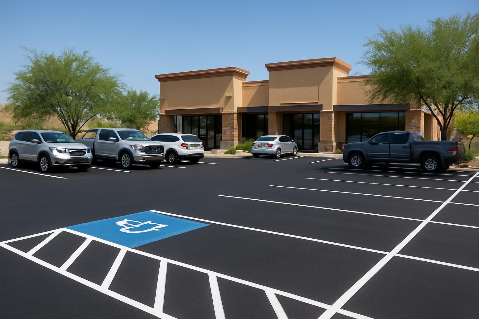 Freshly completed asphalt paving in a Glendale, AZ parking lot by Precision Asphalt Glendale