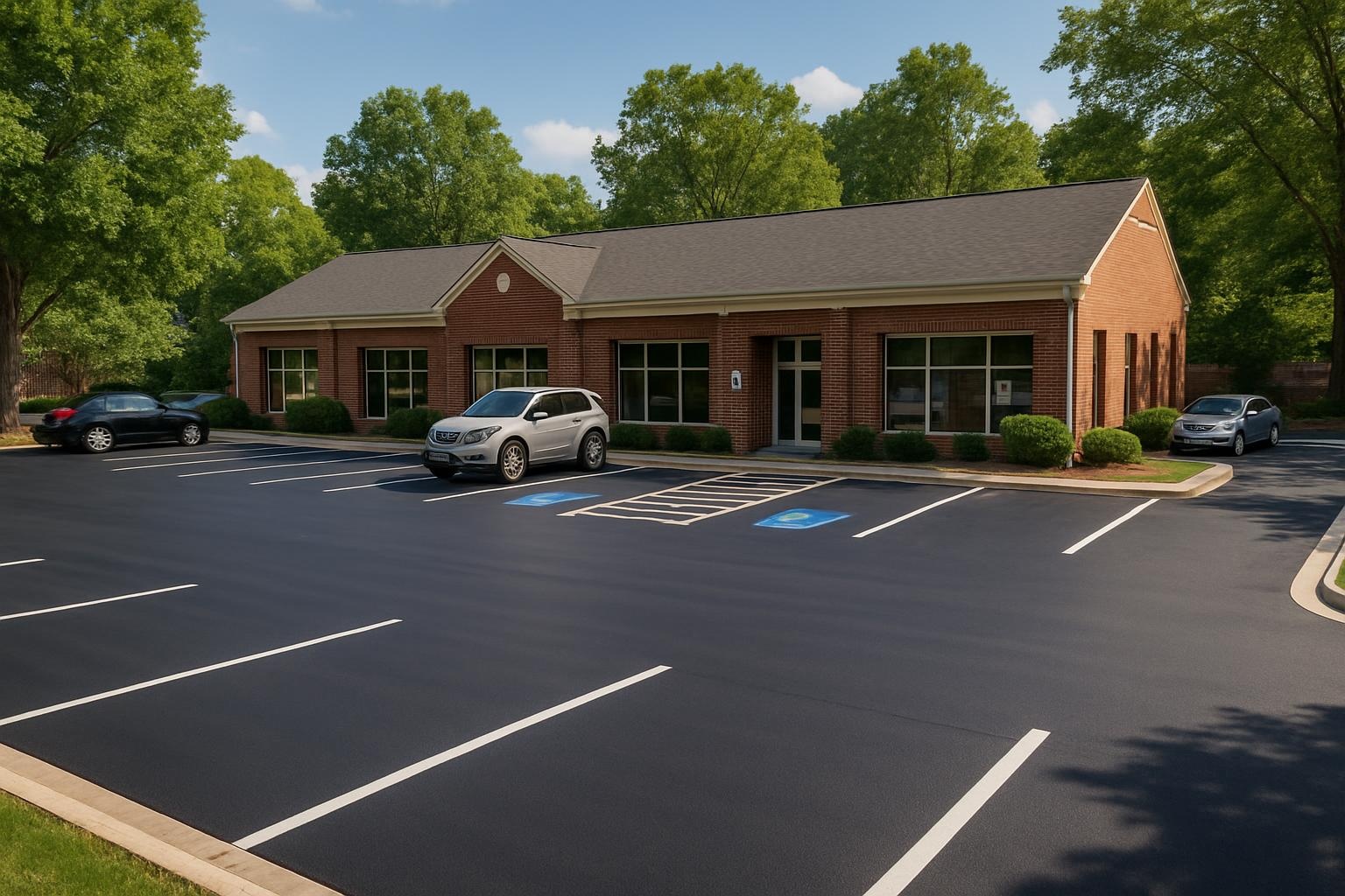Freshly completed asphalt parking lot paving in Greensboro with clear striping and smooth blacktop surface
