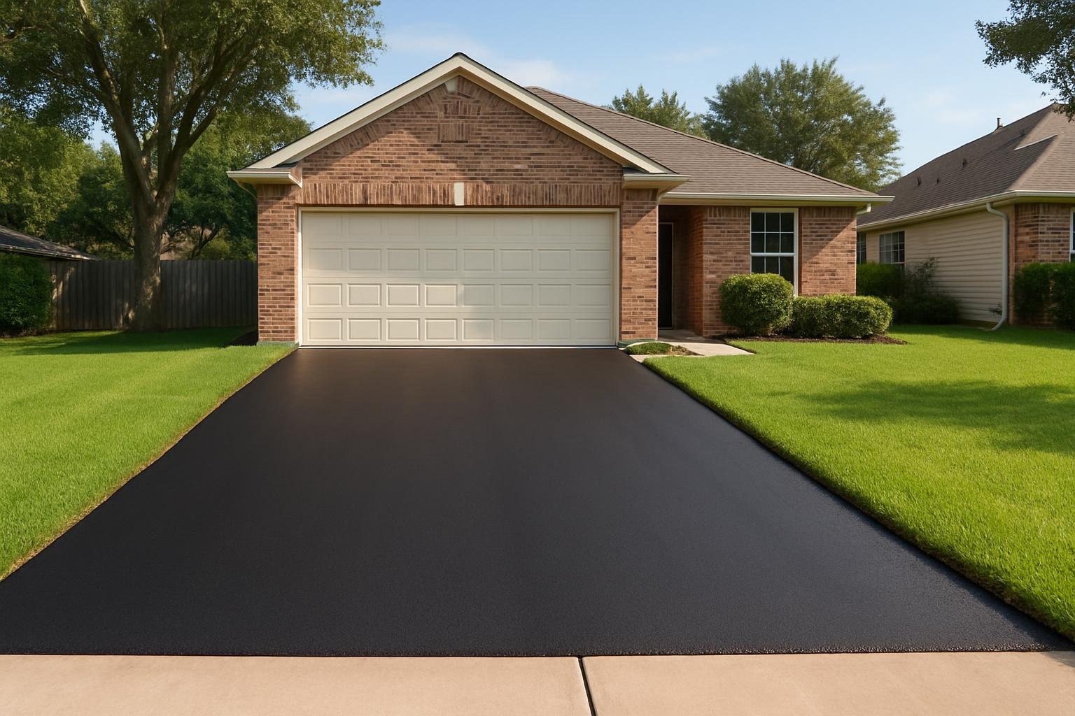 New asphalt driveway installation in Houston TX showing smooth blacktop and clean edges in front of a residential home