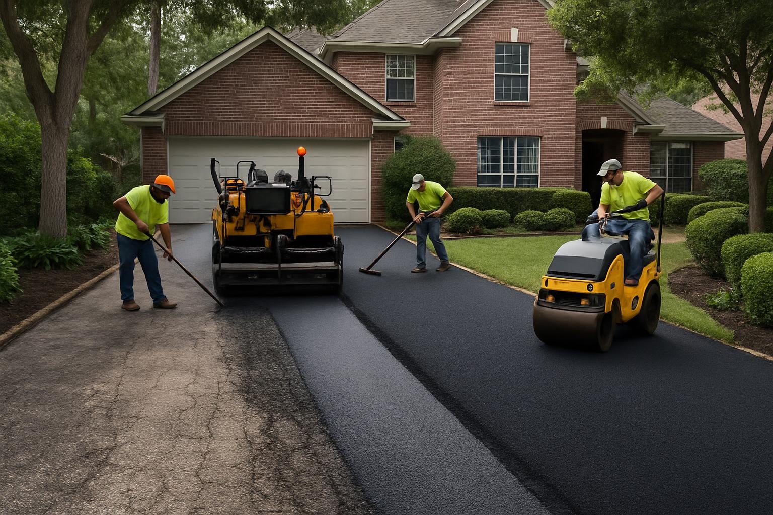 Residential asphalt driveway resurfacing project in Houston TX showing smooth new asphalt surface