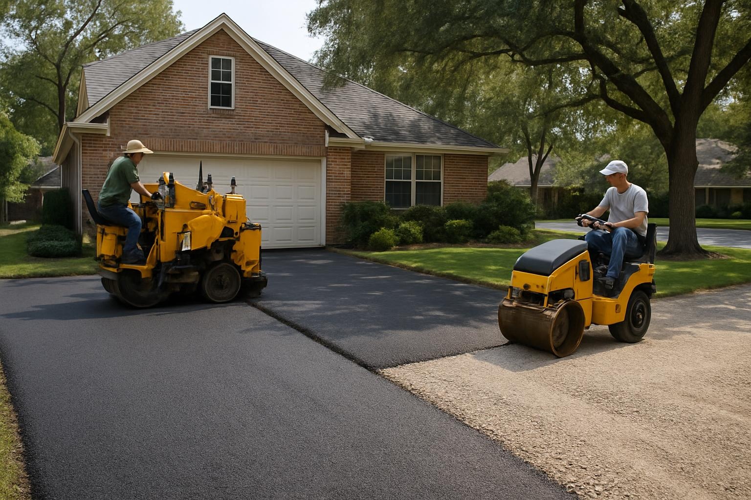 Gravel-to-asphalt driveway conversion in progress by Precision Asphalt Houston showing new asphalt driveway in Houston TX