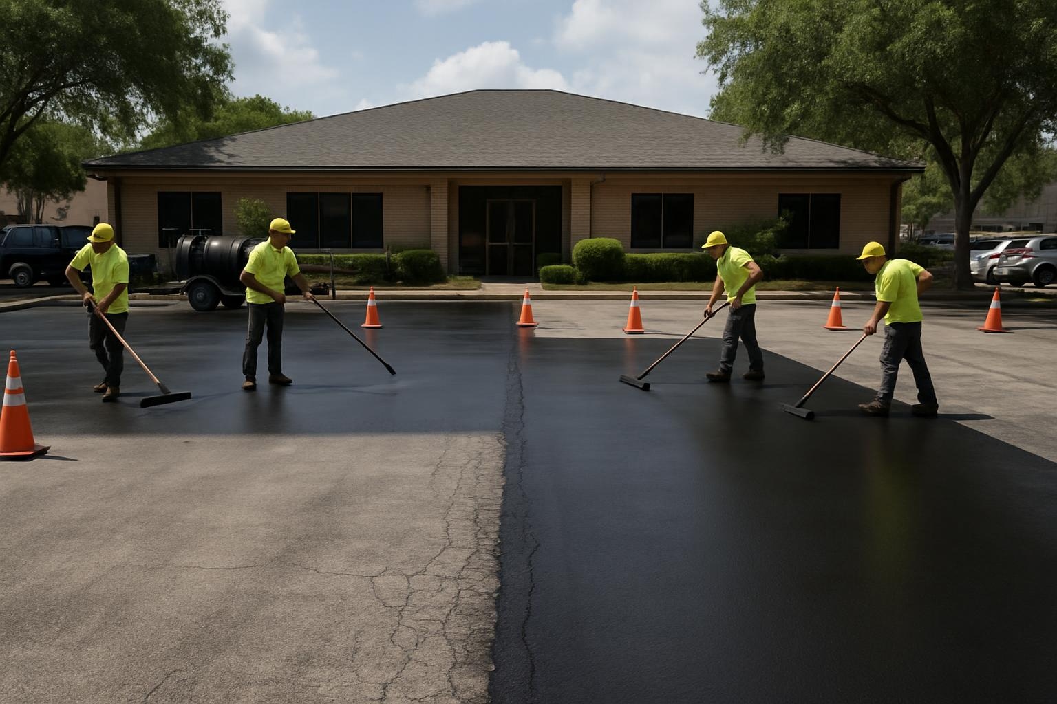 Commercial asphalt parking lot sealcoating in progress in Houston TX with fresh black surface