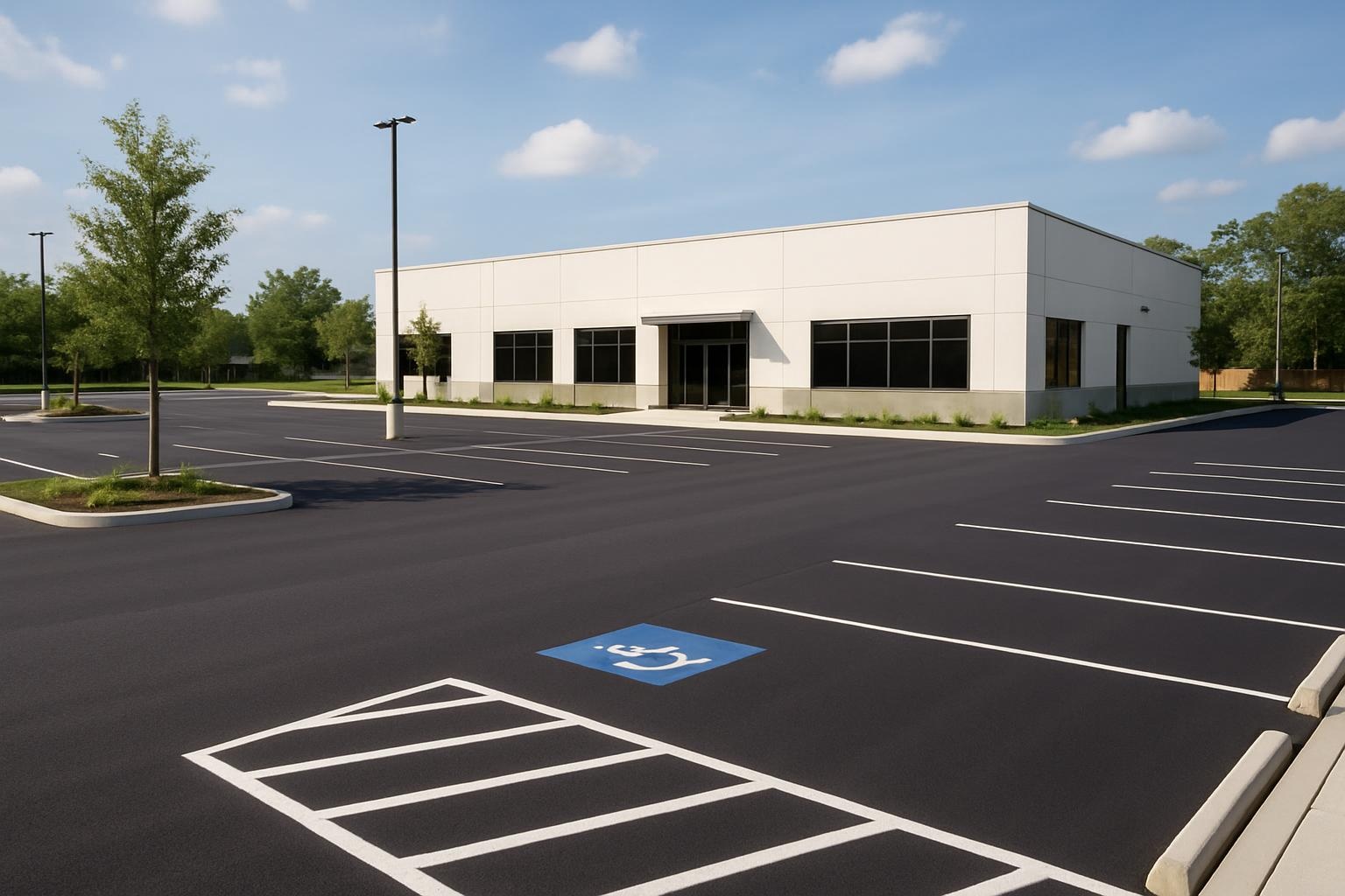 freshly completed asphalt parking lot paving by Precision Asphalt Houston in Houston, TX