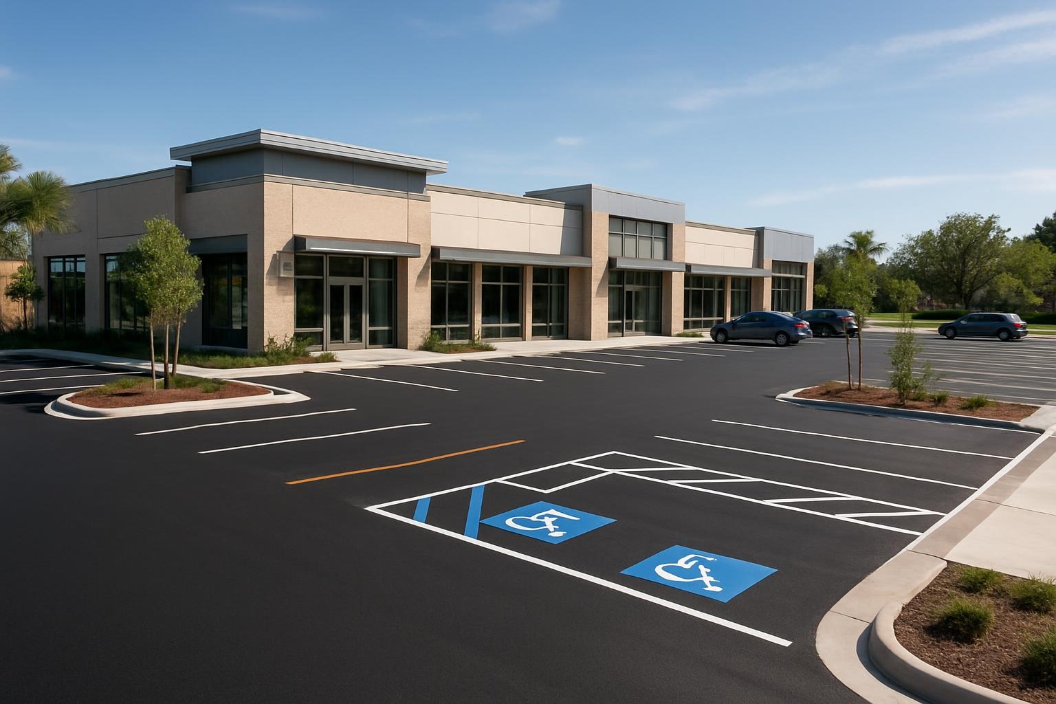 Freshly paved asphalt parking lot in Houston with clear striping and smooth surface by Precision Asphalt Houston