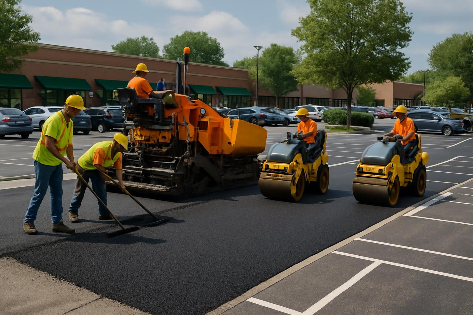 Crew completing a smooth asphalt paving project in Louisville KY for a commercial parking lot