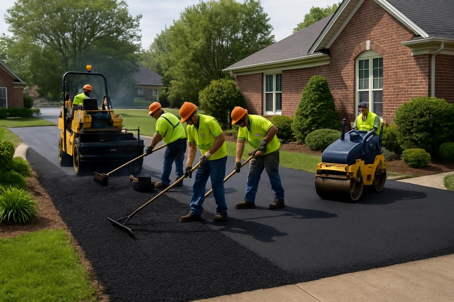 Crew performing asphalt paving on a residential driveway in Louisville with smooth blacktop finish