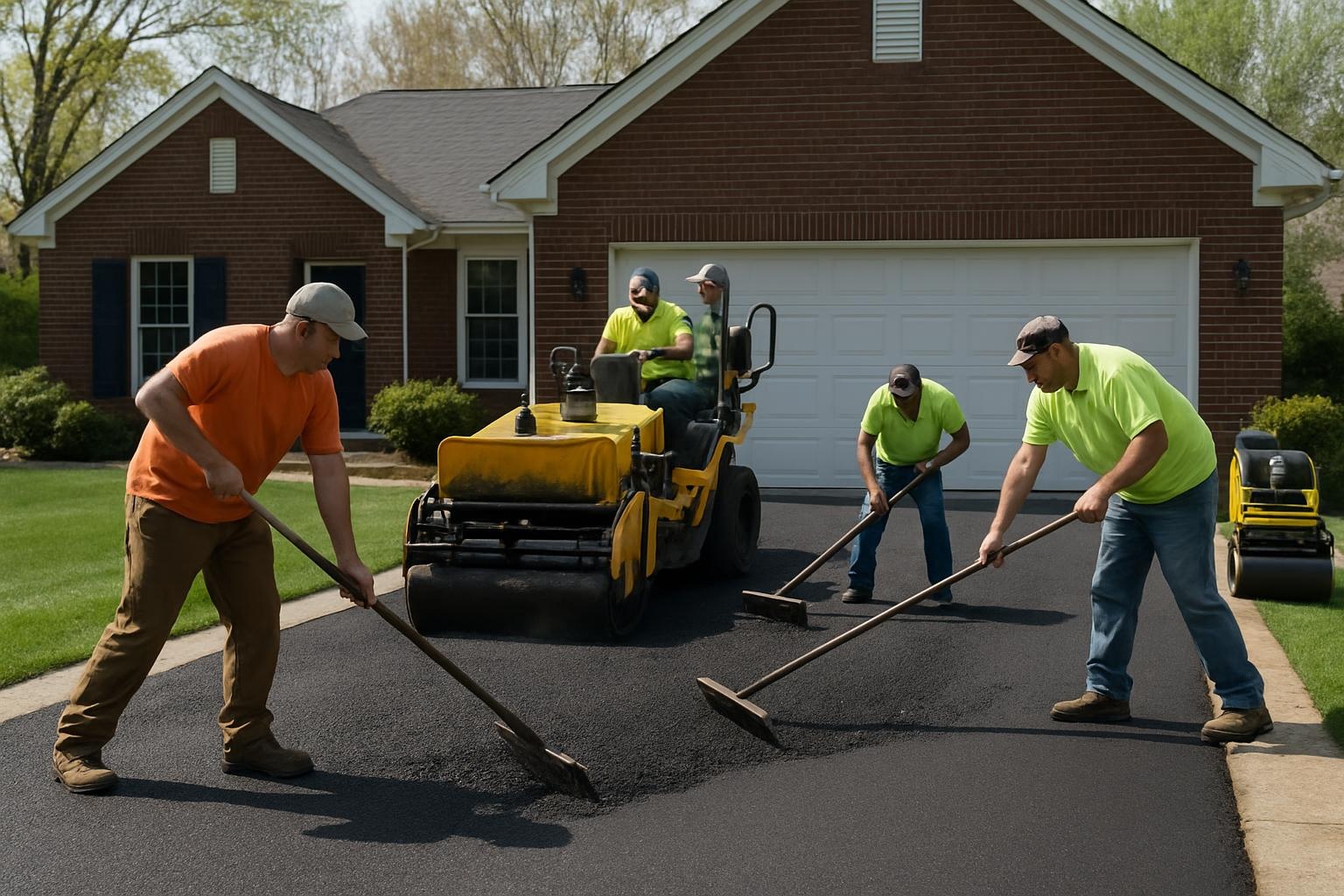 Crew performing asphalt driveway installation in Louisville KY for a residential home