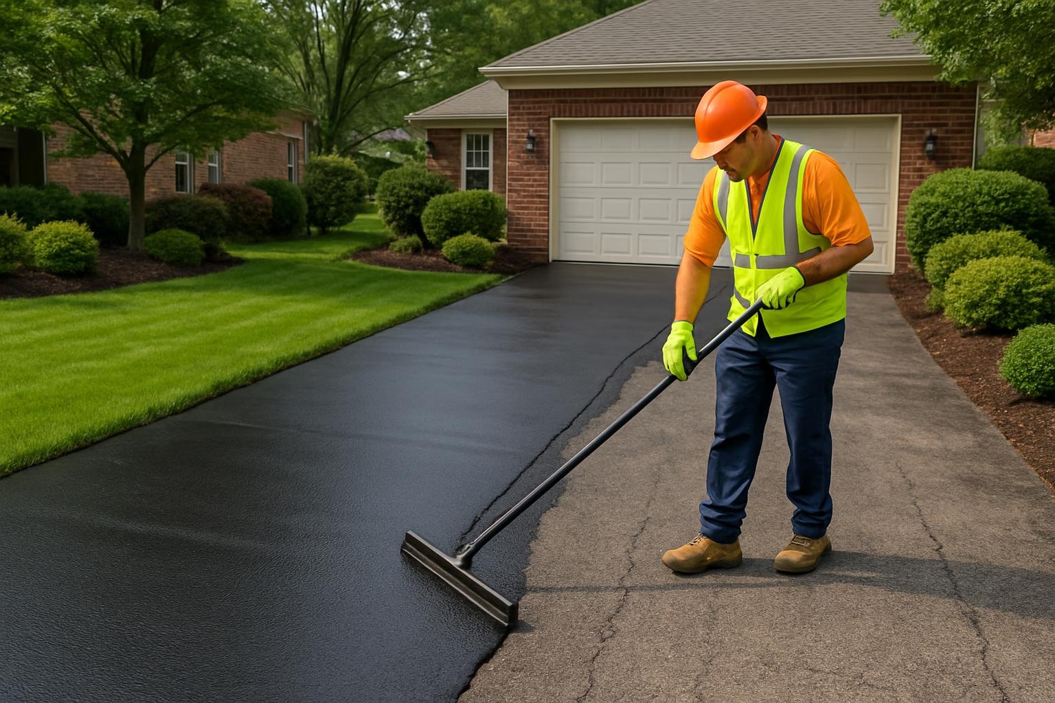 Technician performing asphalt driveway maintenance and sealcoating on a residential home in Louisville KY