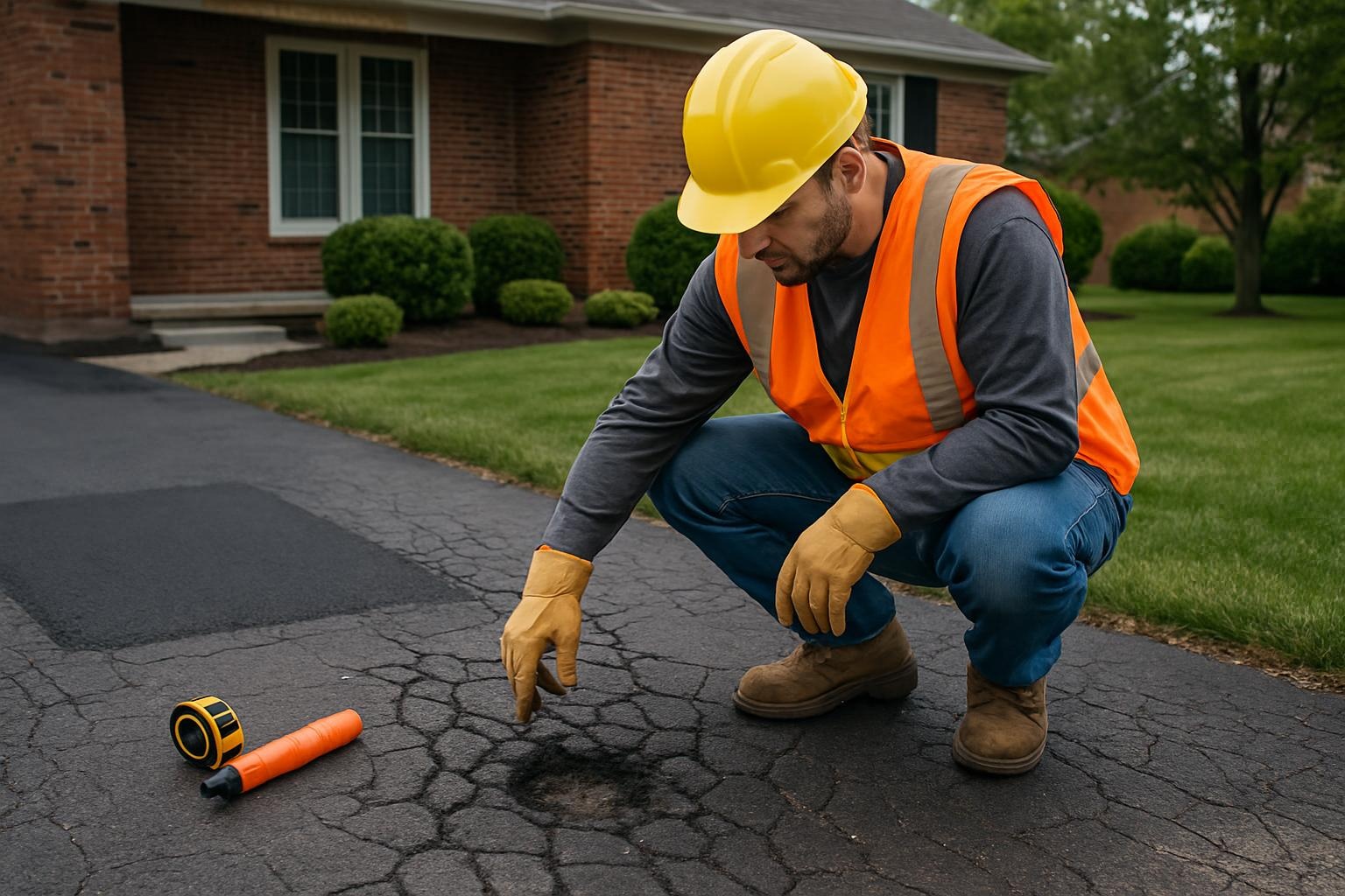 Contractor evaluating a damaged asphalt driveway in Louisville KY to decide between resurfacing and full replacement