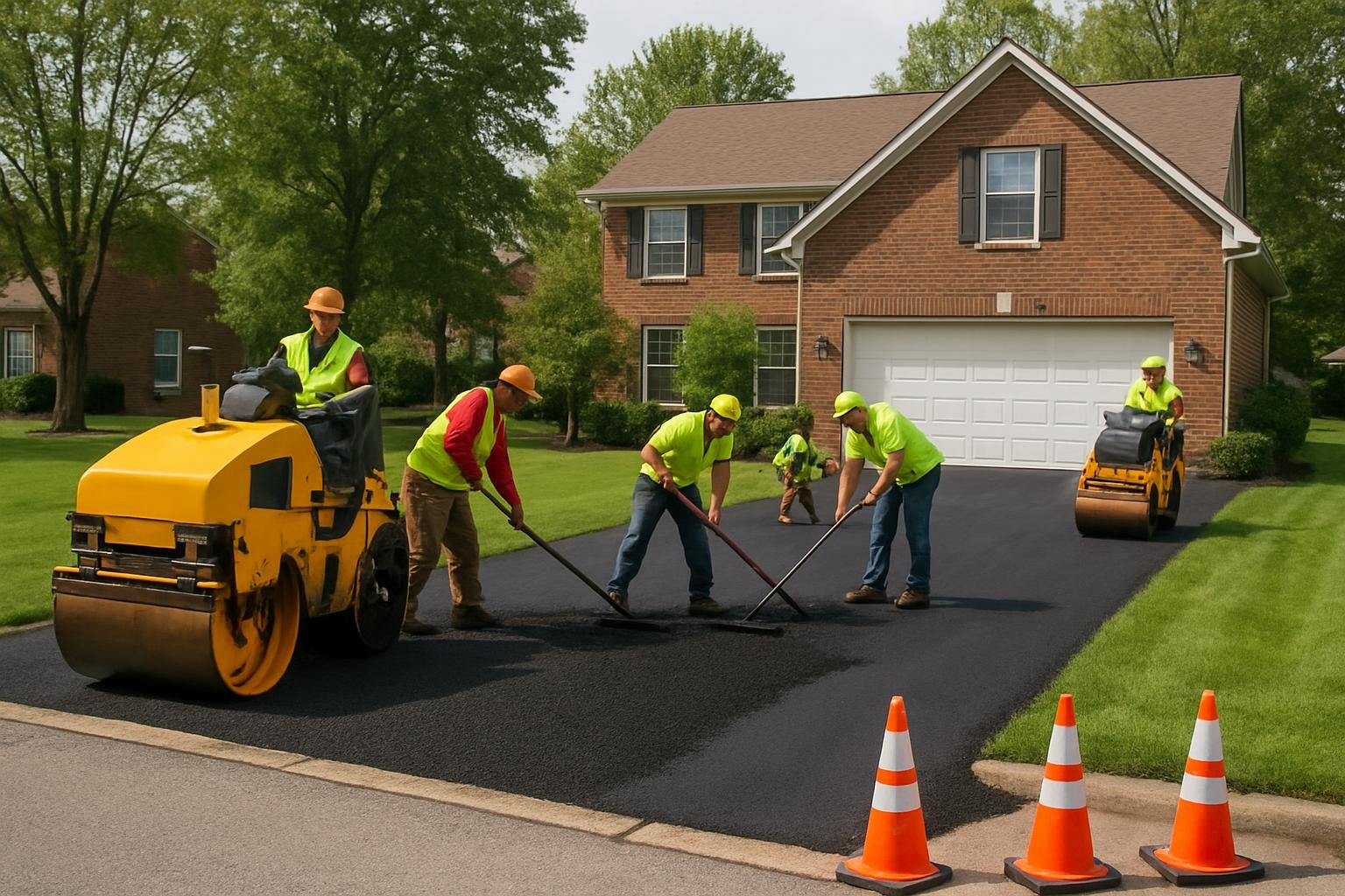 Crew performing asphalt driveway installation in Louisville with new blacktop paving in front of a home