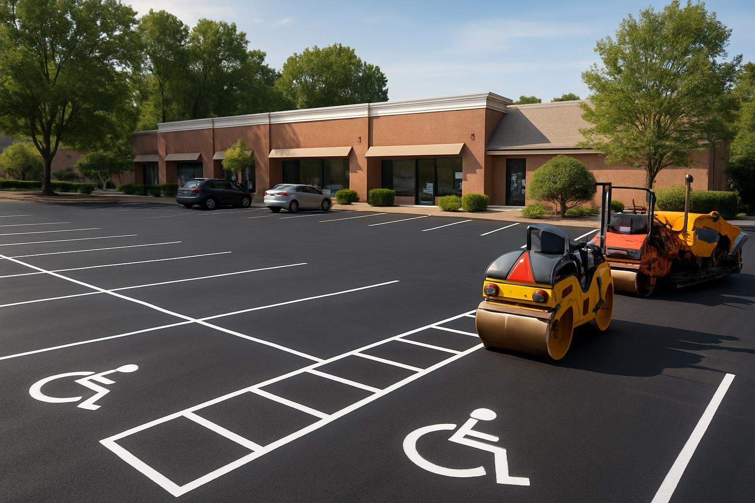 Freshly paved asphalt parking lot in Memphis with clear striping and smooth blacktop surface by a local asphalt paving crew