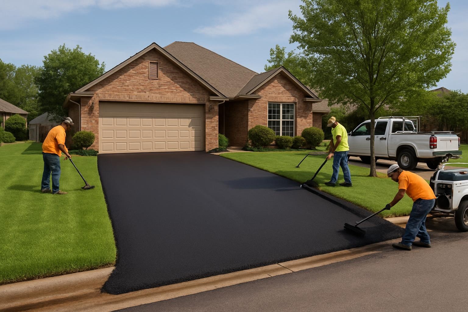 Freshly installed asphalt driveway by Precision Asphalt Oklahoma City in front of a suburban home