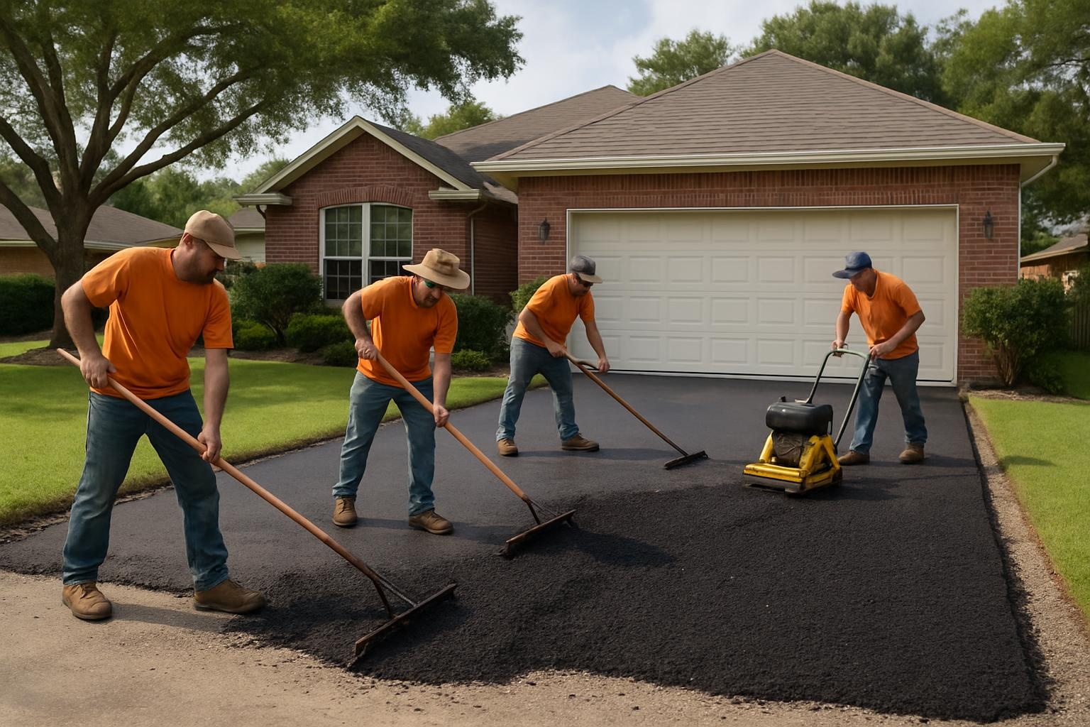 Crew completing asphalt driveway installation in Pasadena TX home