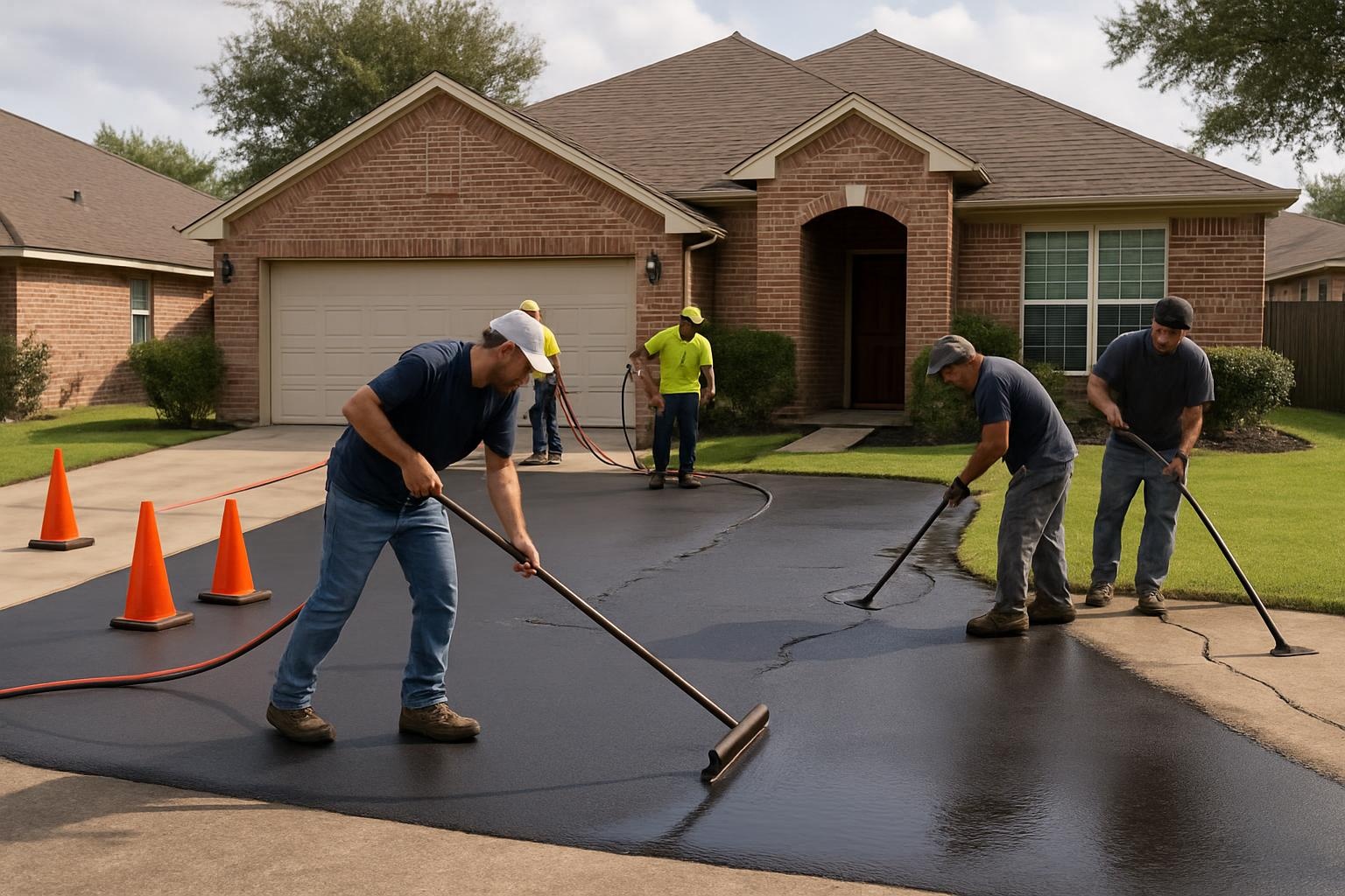 Crew performing asphalt driveway maintenance and sealcoating at a home in Pasadena TX