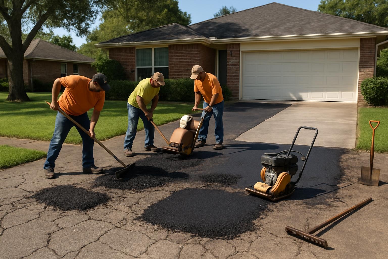 Asphalt driveway repair and replacement in Pasadena with fresh blacktop in front of a home