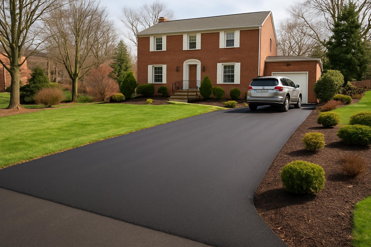 Freshly installed asphalt driveway in Pittsburgh with smooth blacktop and clean edging by Precision Asphalt Pittsburgh