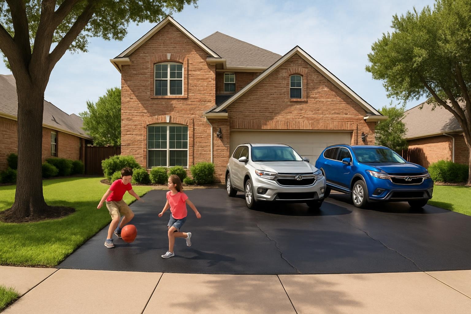 Well-maintained asphalt driveway in Plano TX after sealcoating and crack filling