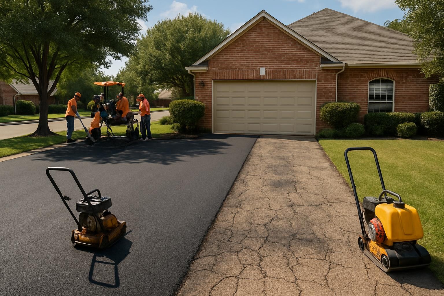Asphalt driveway repair and replacement in Plano TX showing a partially rebuilt residential driveway