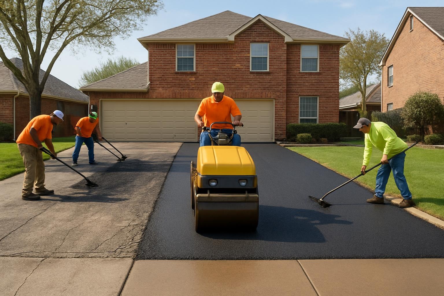 Asphalt resurfacing in progress on a residential driveway in Plano TX