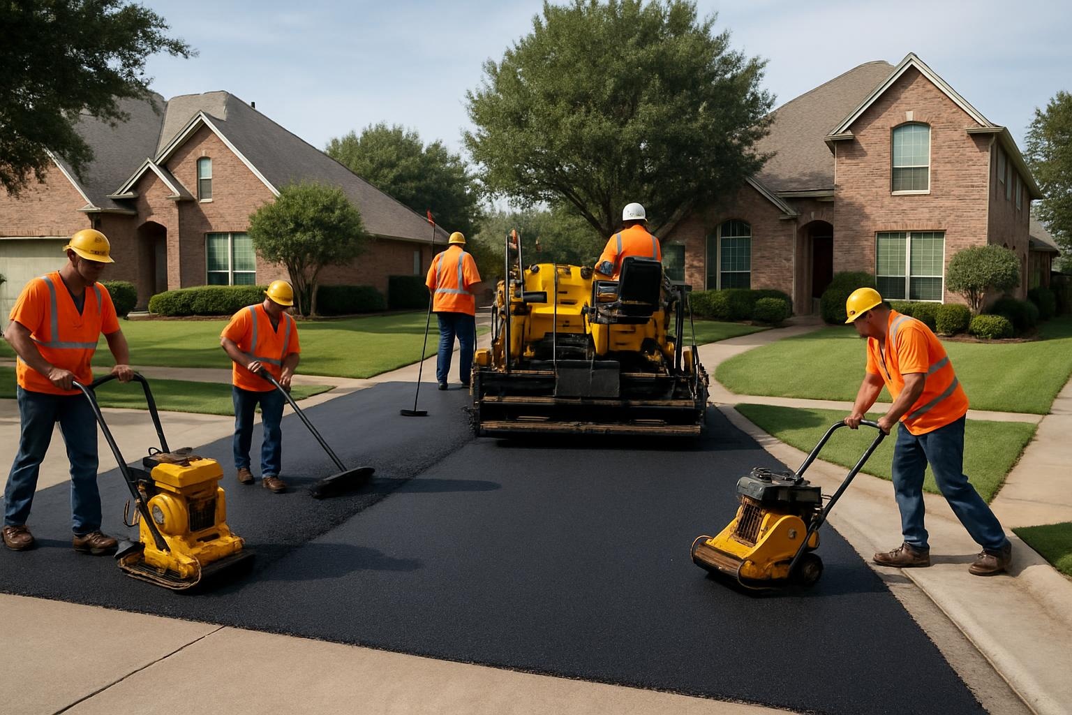 Crew performing asphalt paving on a residential driveway in Plano TX