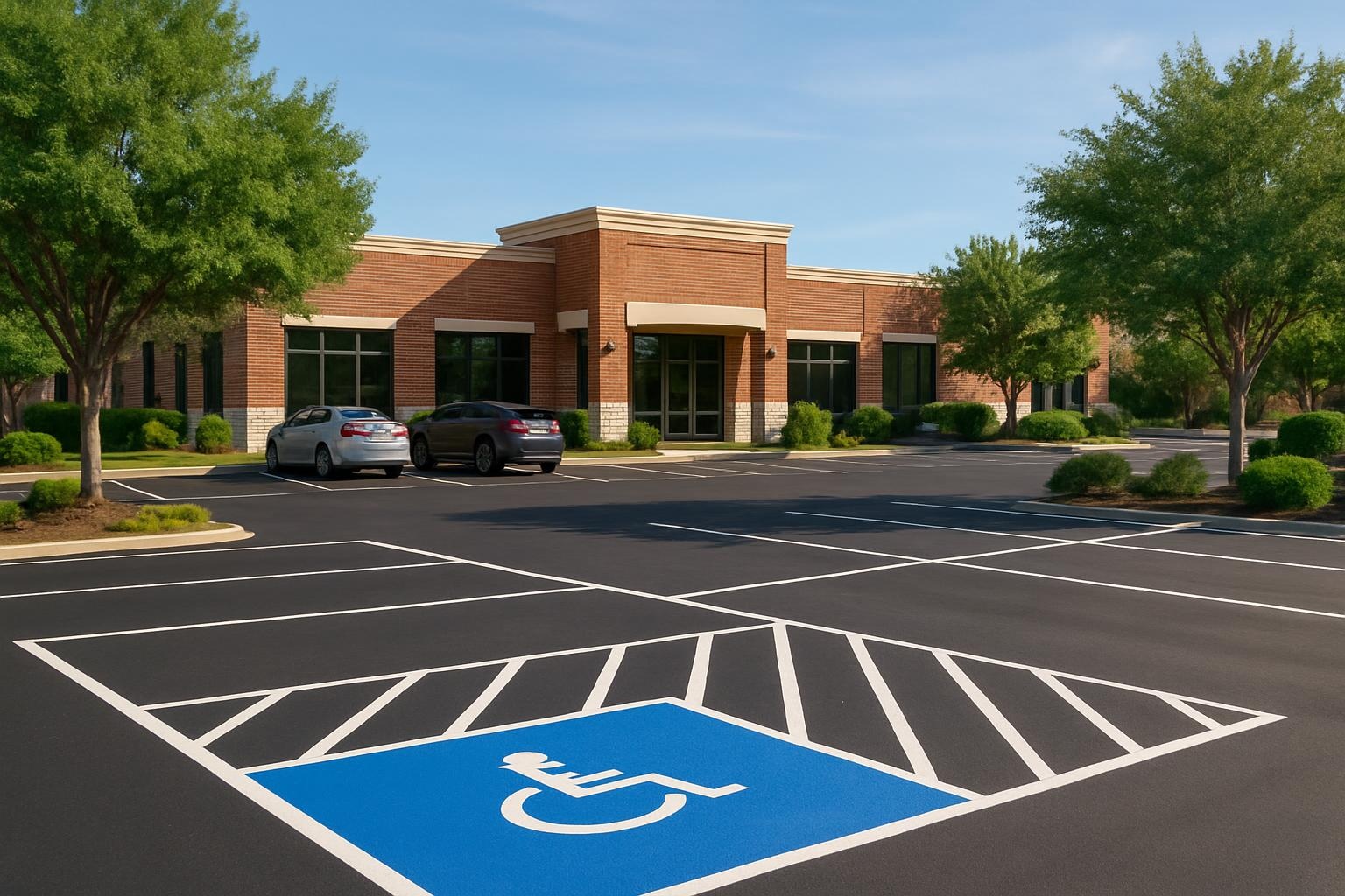 Freshly completed asphalt paving project at a commercial property in Plano with smooth blacktop and clear parking layout
