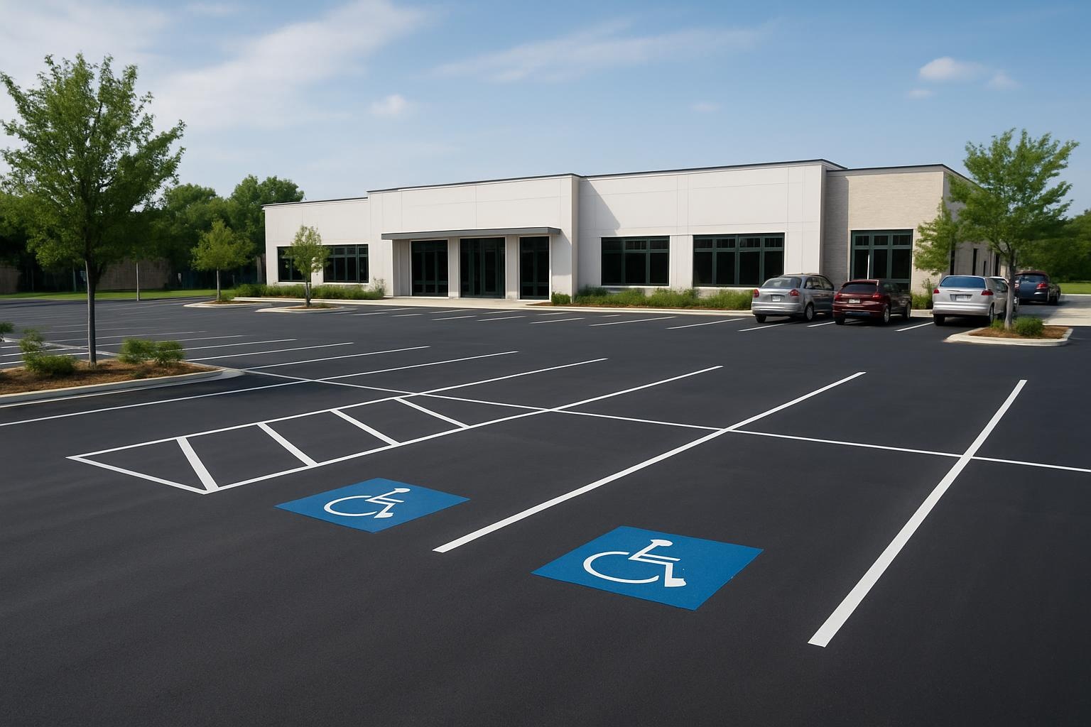 Freshly completed asphalt parking lot paving by Precision Asphalt Plano in Plano, TX