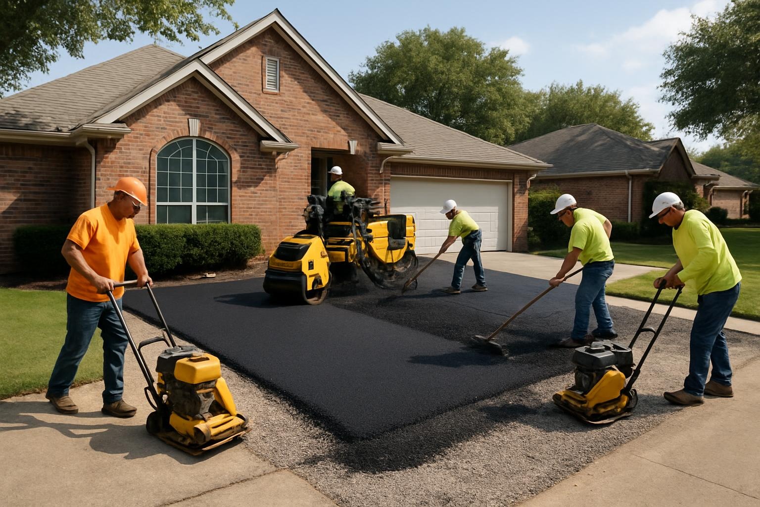 Crew performing asphalt driveway installation in Plano TX with fresh blacktop surface
